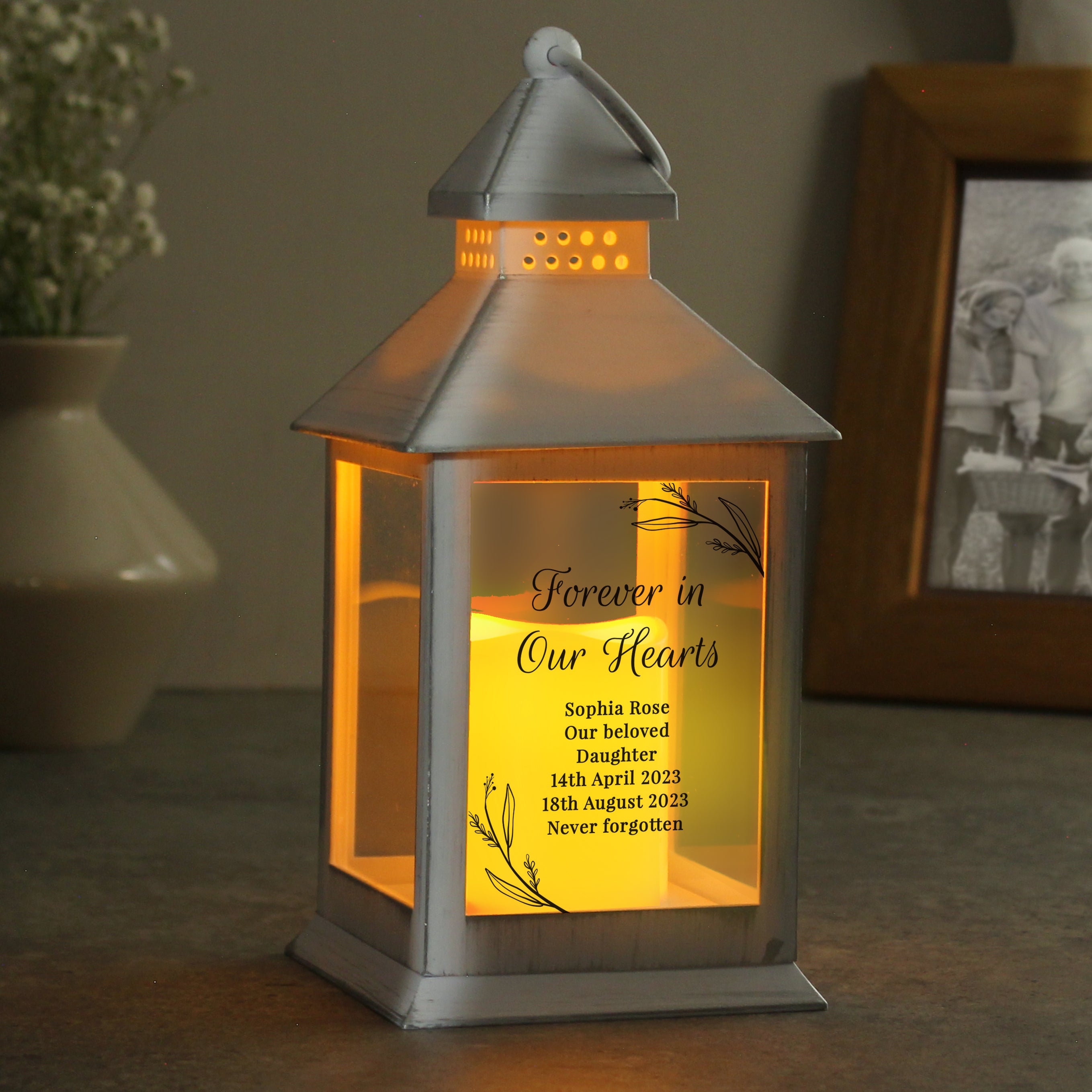 Personalized Memorial White Lantern - Custom Engraved LED Candle Holder for Funeral, Memorial Service & Home Decoration