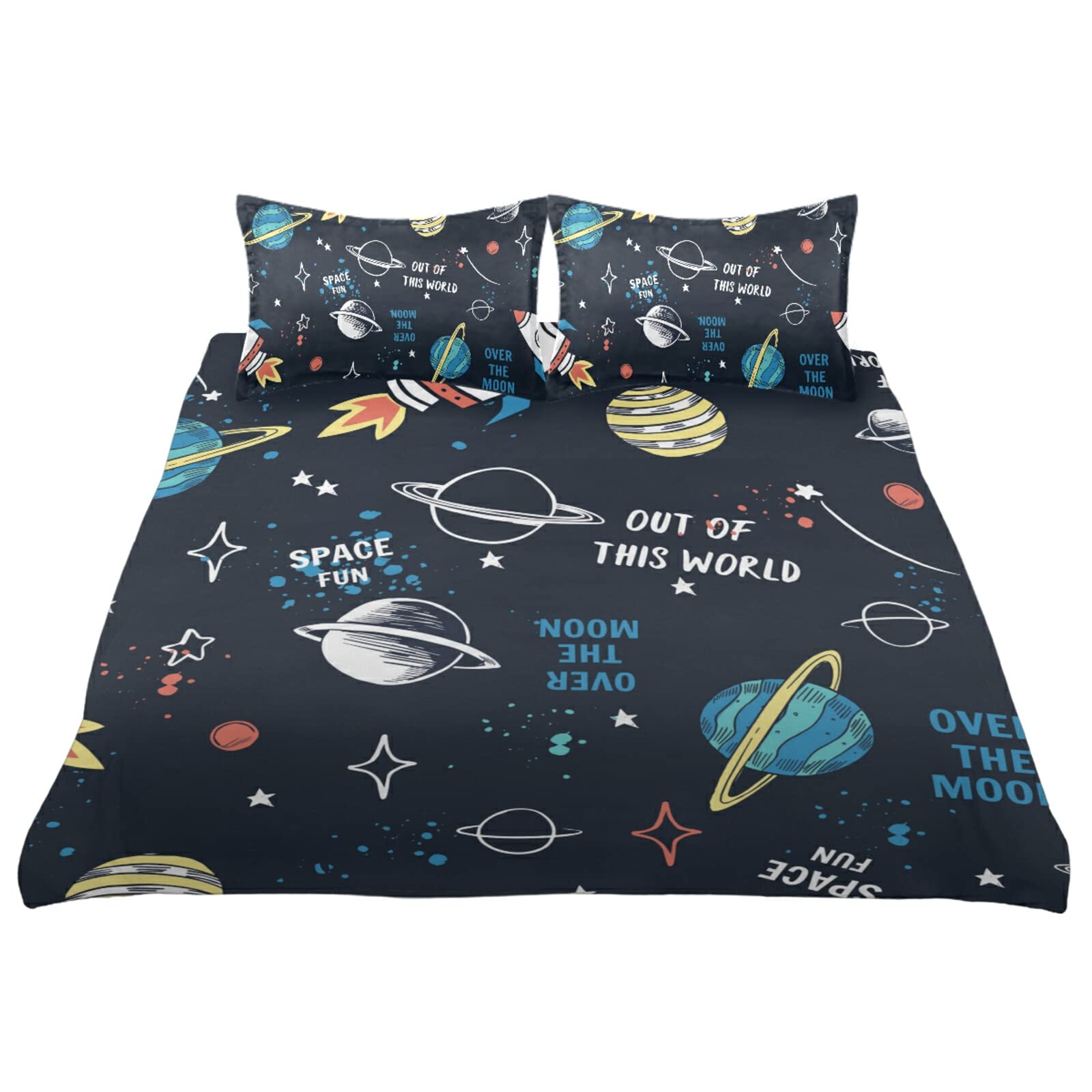 Kids Space Themed Bedding Set - 3 PC Doodle Cartoon Rocket, Planet, Star & Moon Printed 100% Cotton Duvet Cover with Pillowcases | Soft Comforter for Boys & Girls Bedroom Decor | Perfect for Space Enthusiast Children's Room or Nursery