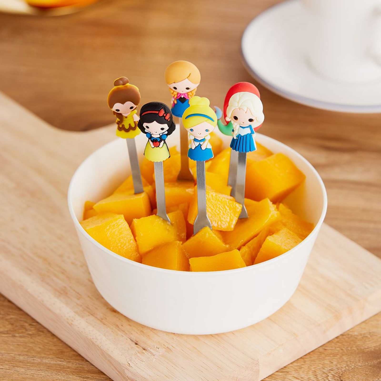 Stainless Steel Fruit Forks Set of 6 with Holder - Cute Cartoon & Fairy Princess Design for Kids, Party, Picnic, and Home Use