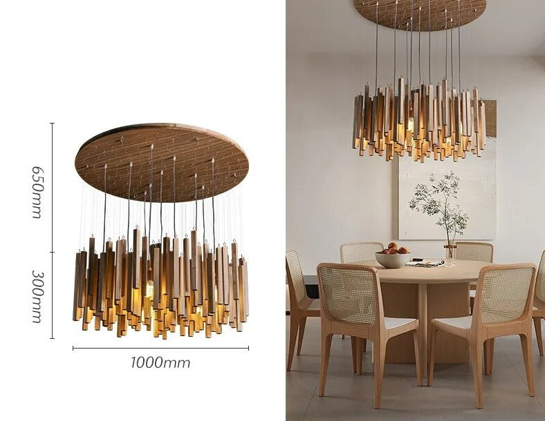 Solid Oak Wood Hanging Chandelier - Rustic Farmhouse Ceiling Light Fixture for Dining Room, Kitchen Island & Bedroom Decor