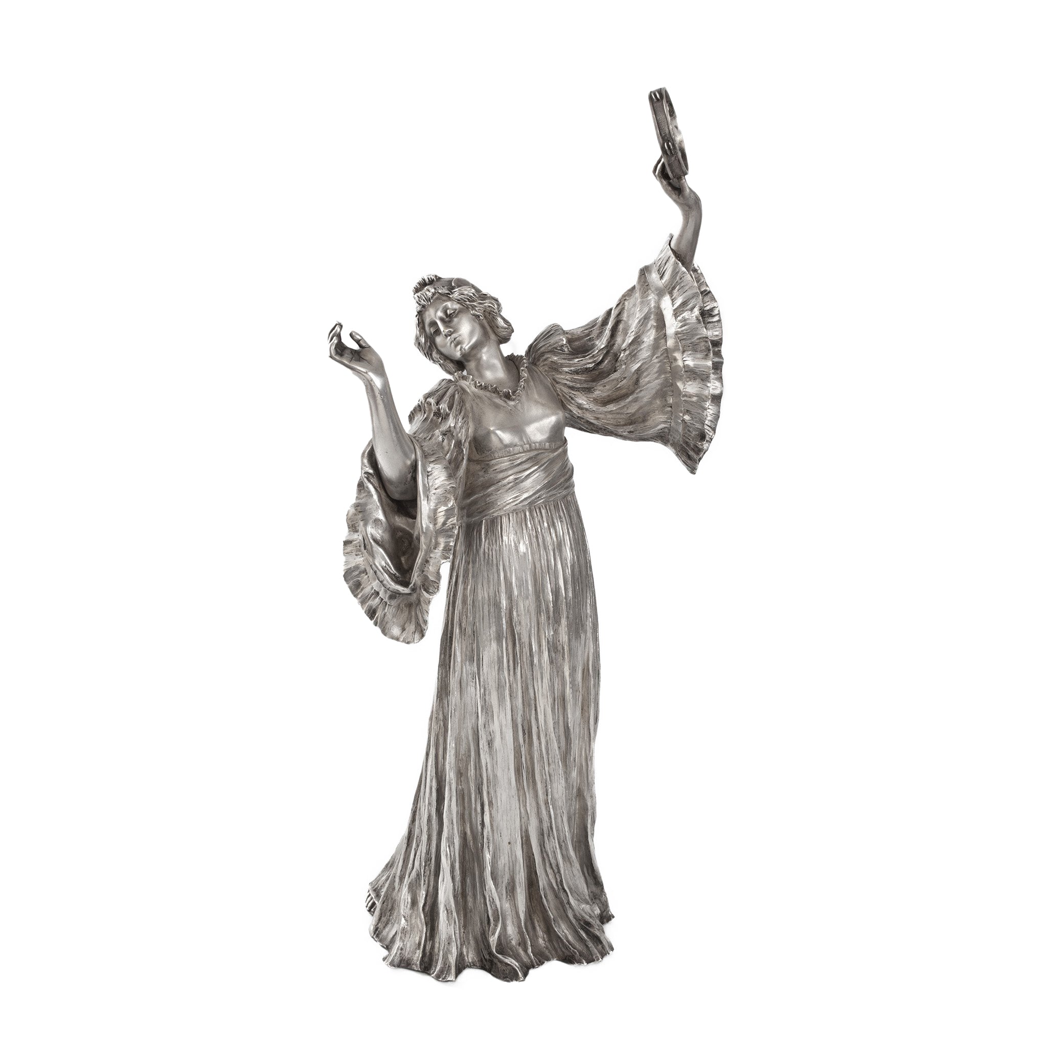 Agathon Léonard Danseuse Tambourin à Droite Silvered Bronze Figurine - French Art Nouveau Dance Sculpture - Home Décor & Collector's Item for Living Room, Office, or Gallery Display