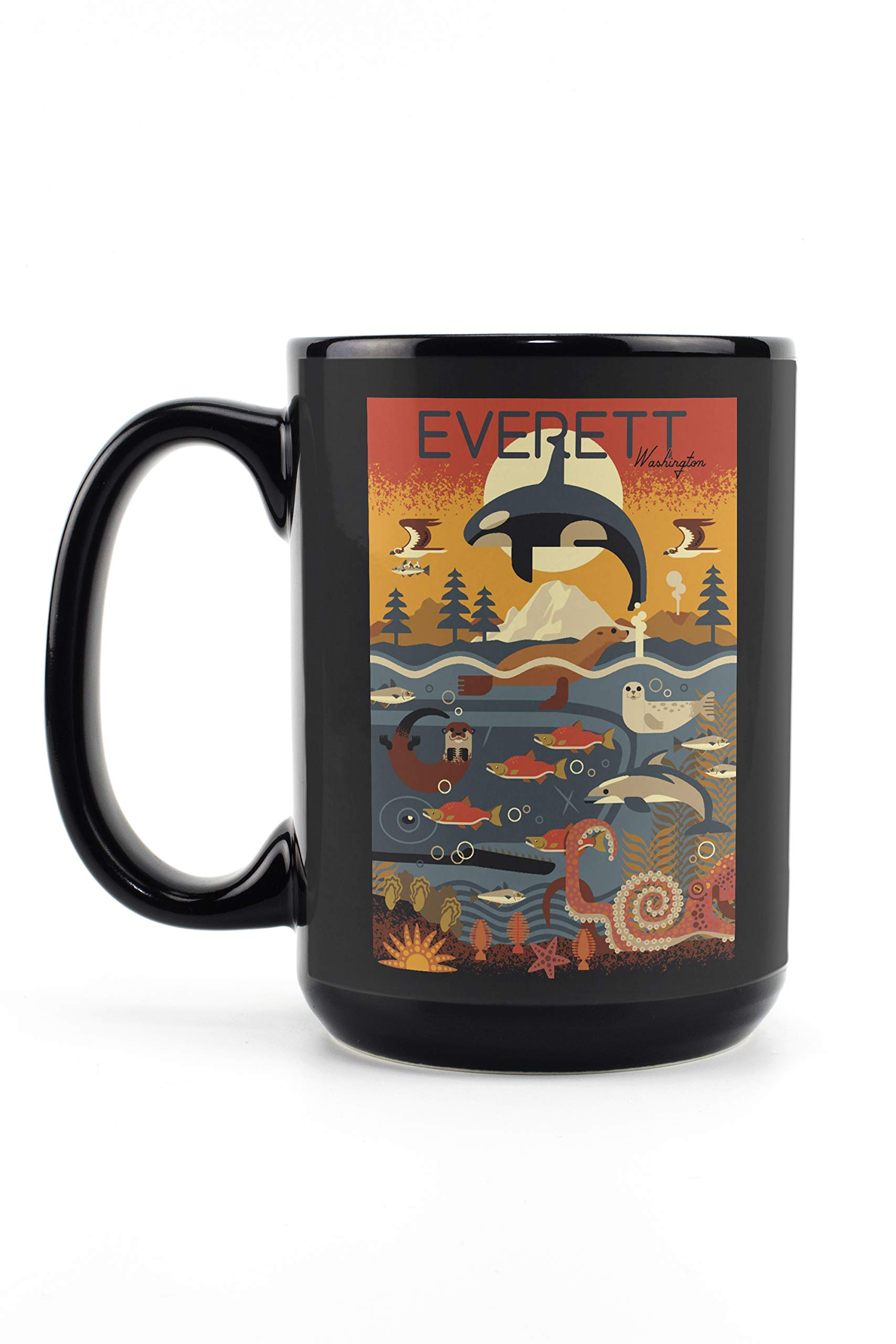Lantern Press Everett Washington Marine Animals Geometric Mug - 15oz Black Ceramic Coffee & Tea Cup | Dishwasher & Microwave Safe | Perfect for Home, Office & Gift Giving