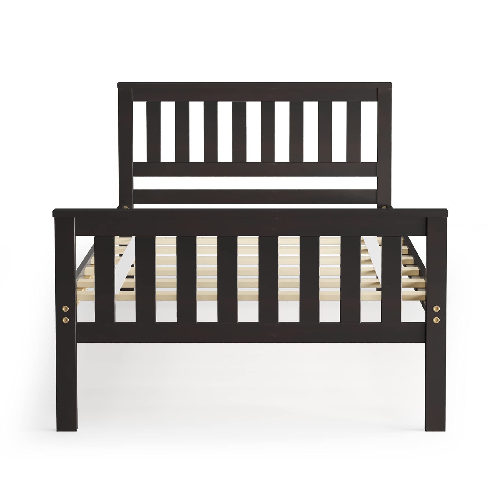 KOMFOTT Twin Size Wood Bed Frame with Headboard & Footboard - Sturdy Platform Bed with 8-Slat Support, 12-Inch Under-Bed Storage Space - No Box Spring Needed - Perfect for Small Bedrooms, Guest Rooms & Dormitories