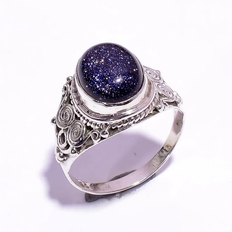 Blue Sandstone Ring for Women - 925 Sterling Silver Plated Oval Boho Jewelry with Sun Sitara Design | Handmade Bright Blue Sunstone Ring for Party Wear & Everyday Elegance | Perfect Gift for Birthdays, Anniversaries & Special Occasions