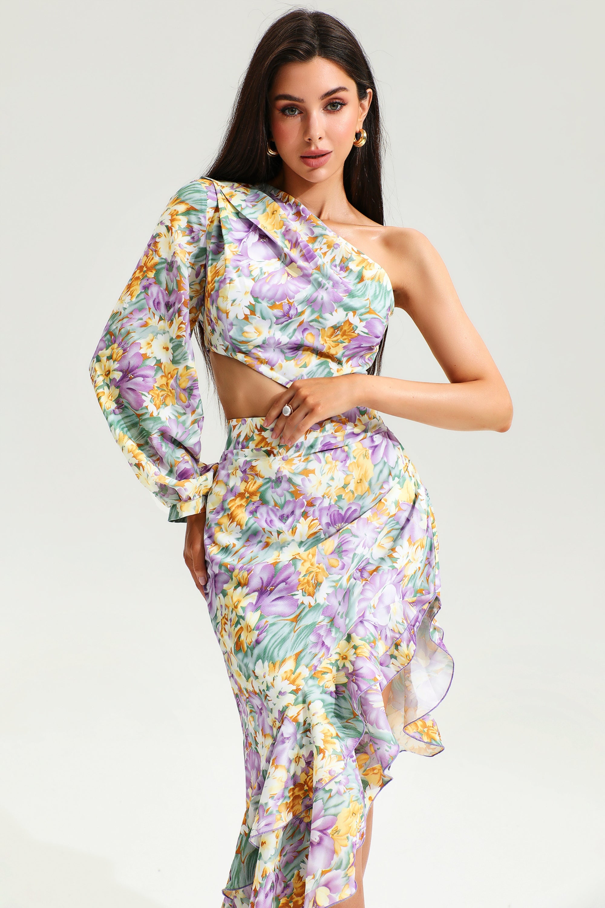 Elegant Asymmetrical Ruffled One Sleeve Midi Dress for Women - Perfect for Cocktail Parties, Date Nights & Special Occasions