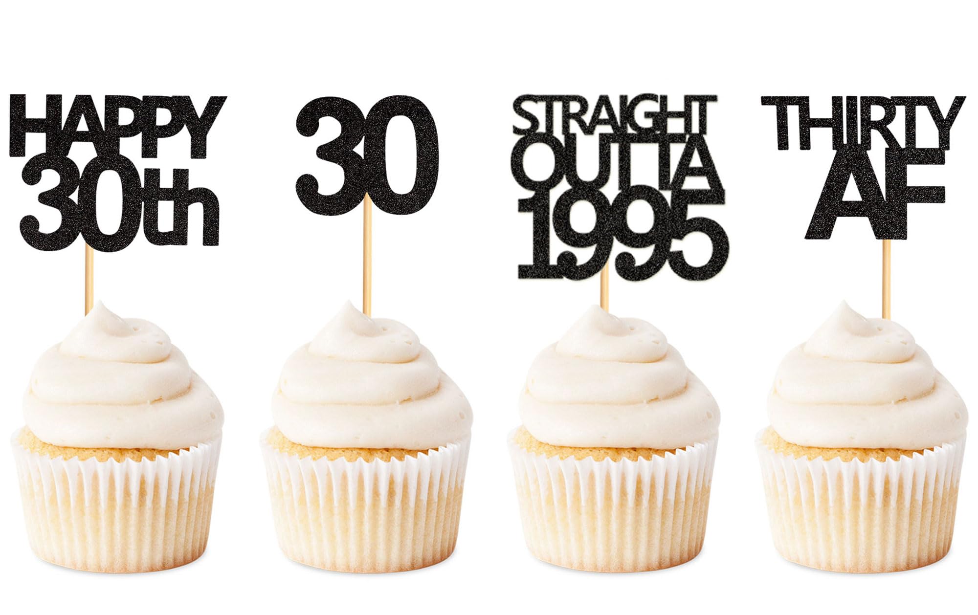 48 Pack Black Straight Outta 1995 Cupcake Toppers - Happy 30th Birthday Party Decorations, Thirty AF Cupcake Toppers for 30th Anniversary, Retro 90s Theme Party Supplies (Perfect for 1995 Birth Year Celebrations, Milestone Birthdays, and Nostalgic 90s Parties)