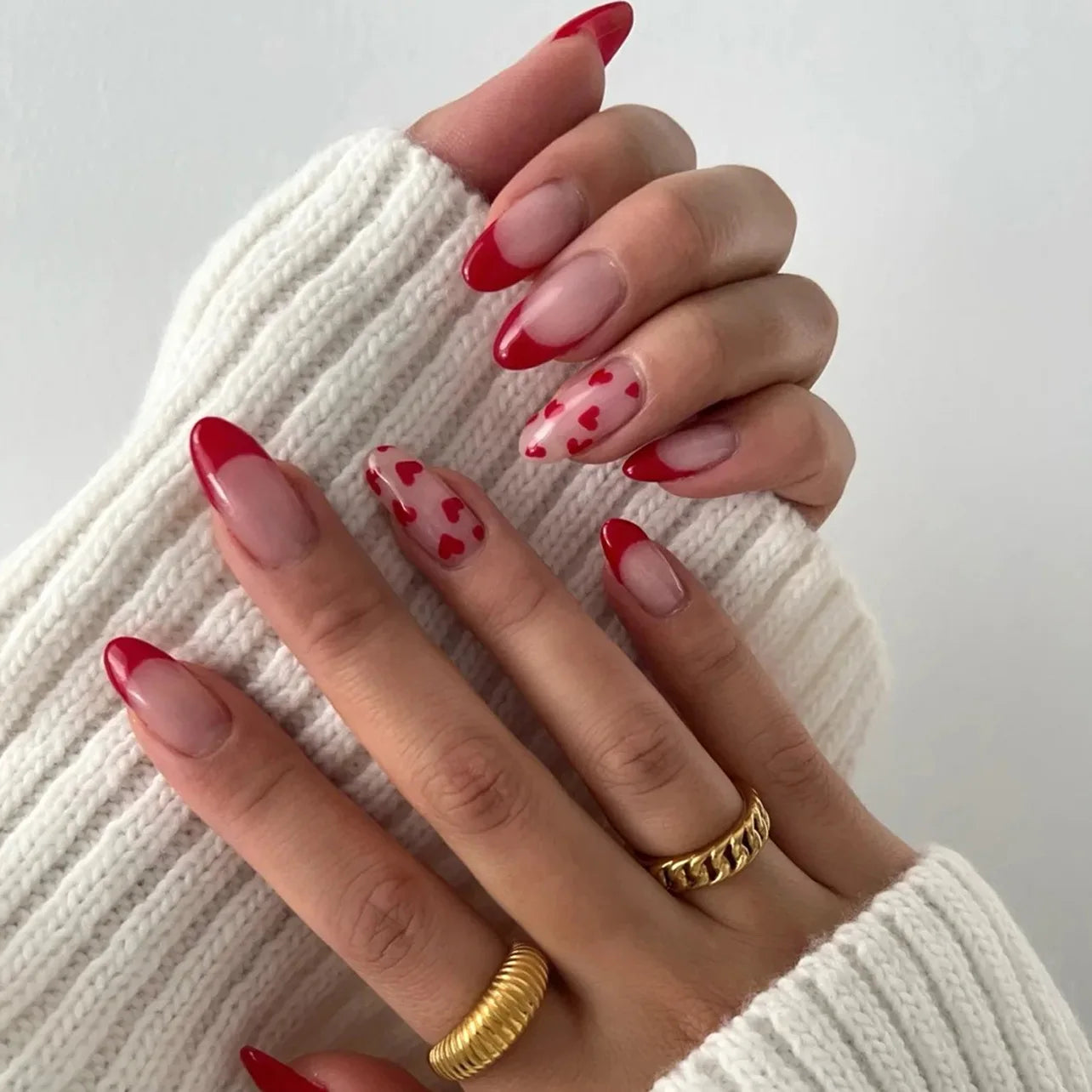 24Pcs Glitter Gradient Love Fake Nails - Short Almond French Design Press on Nails for Valentine's Day, Party, Wedding, Prom | Pink False Nails for Sweet Girls & Women | Easy to Apply, Reusable Artificial Nails