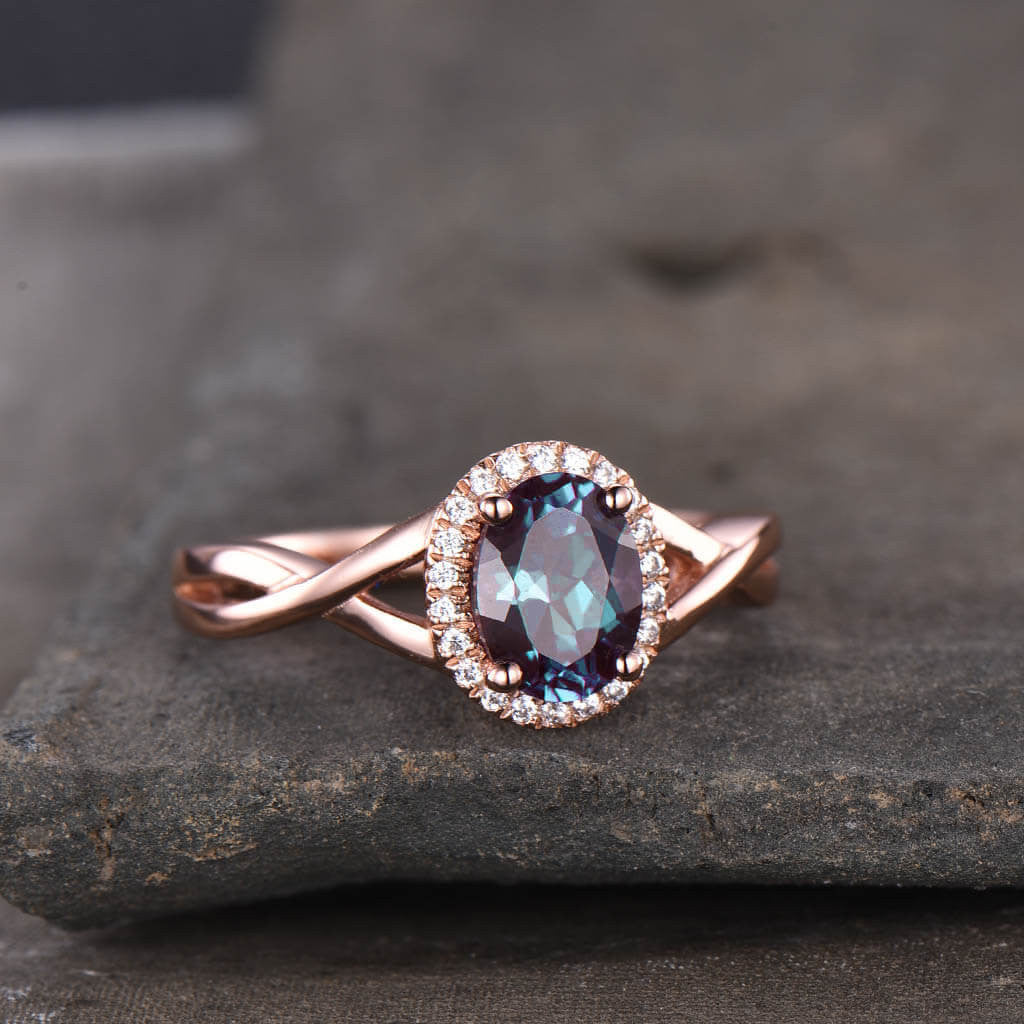 14K/18K Oval Lab Alexandrite Engagement Ring with Infinity Diamond Halo & Criss Cross Design - Perfect for Proposals, Anniversaries & Special Occasions