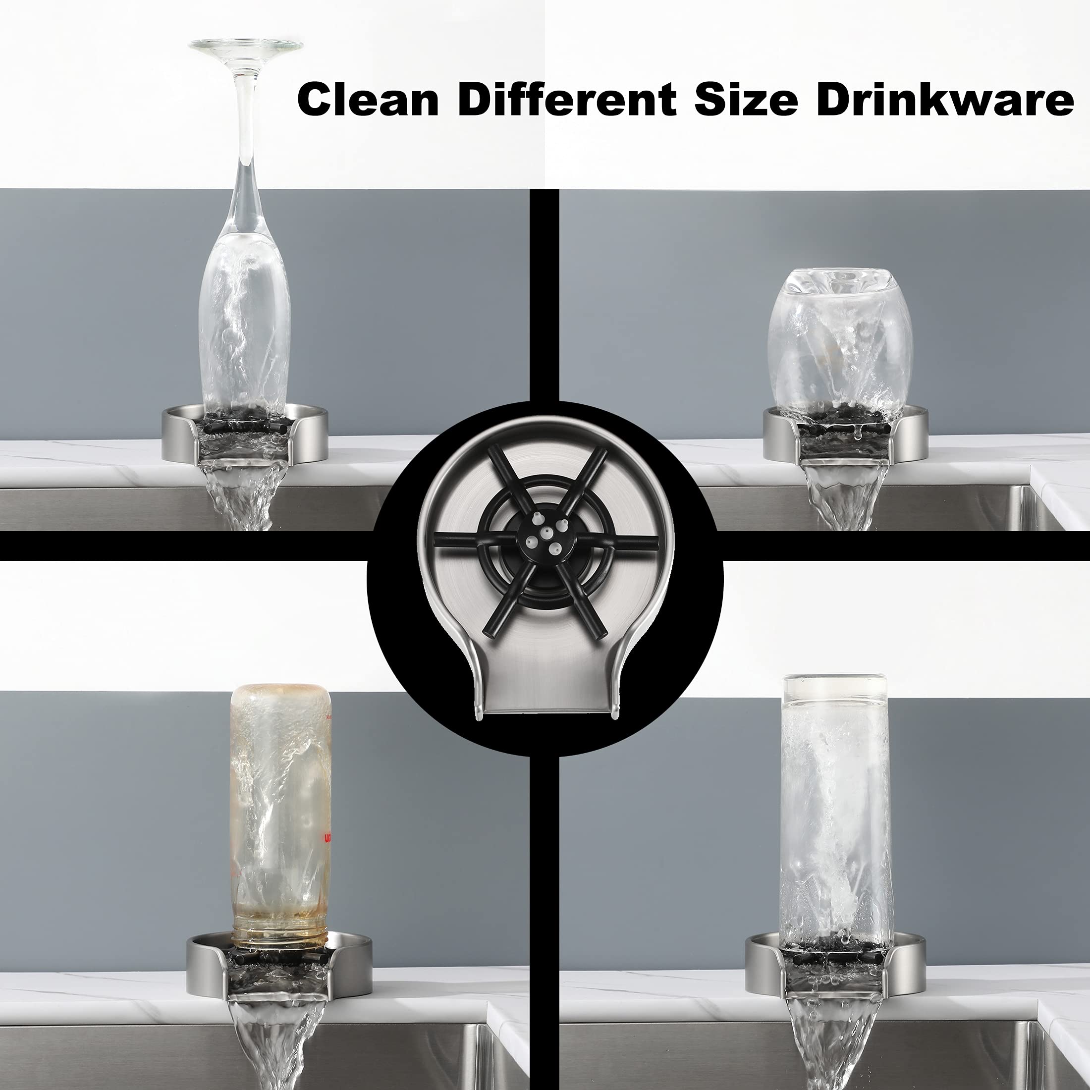 Brushed Nickel Glass Rinser for Kitchen Sink - Bar Bottle & Cup Washer Accessory | Perfect for Home Bars, Restaurants, and Dishwashing Stations