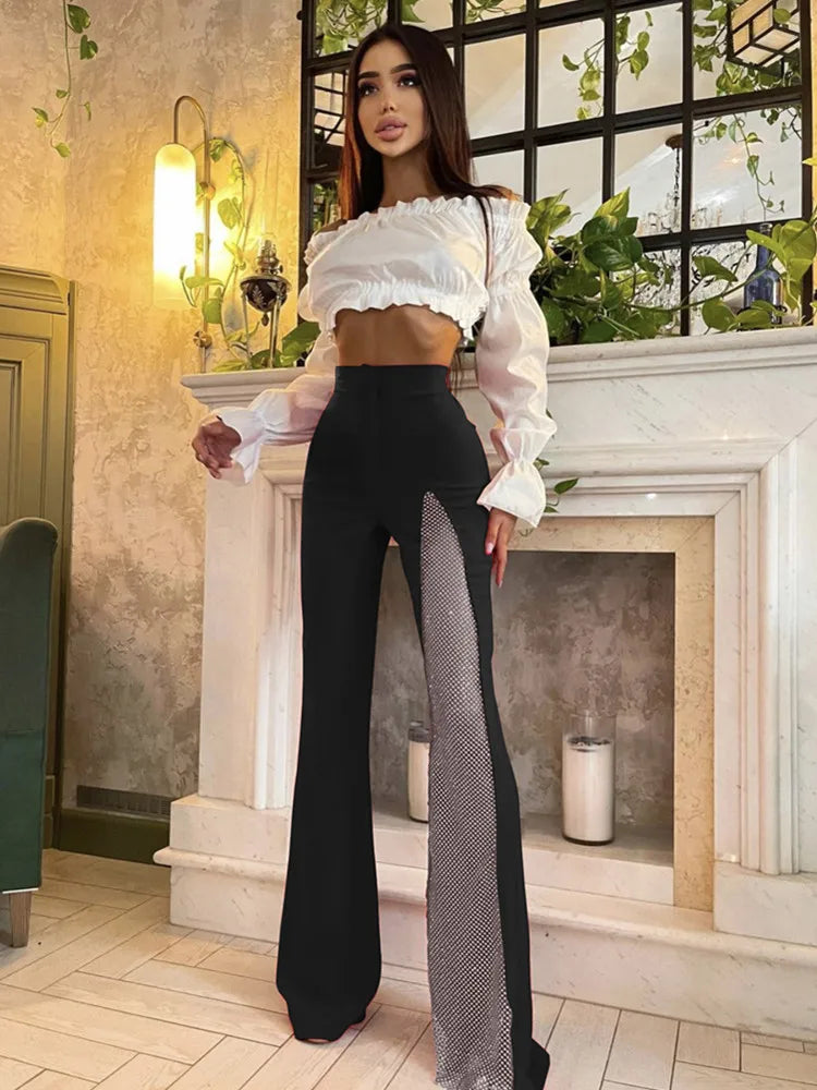 Black Red White Rayon Bandage Wide Leg Pants for Women - Sexy High Waist Summer Fashion Pants with Diamond Keyhole Design - Perfect for Beach, Party & Celebrity Style Outfits