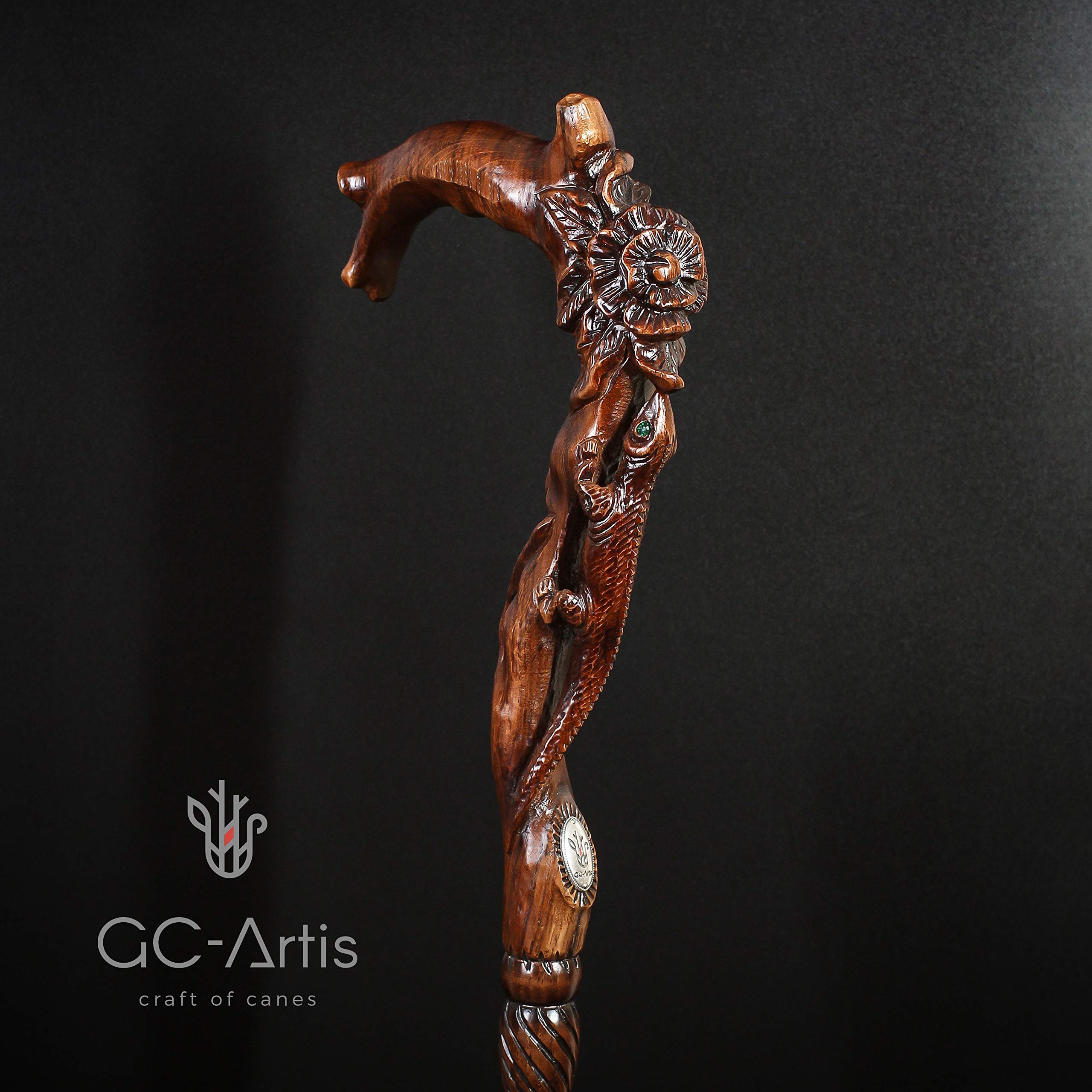 Hand Carved Wooden Walking Cane for Women - Elegant Floral & Lizard Design - Perfect for Hiking, Fashion Accessory, and Elderly Support