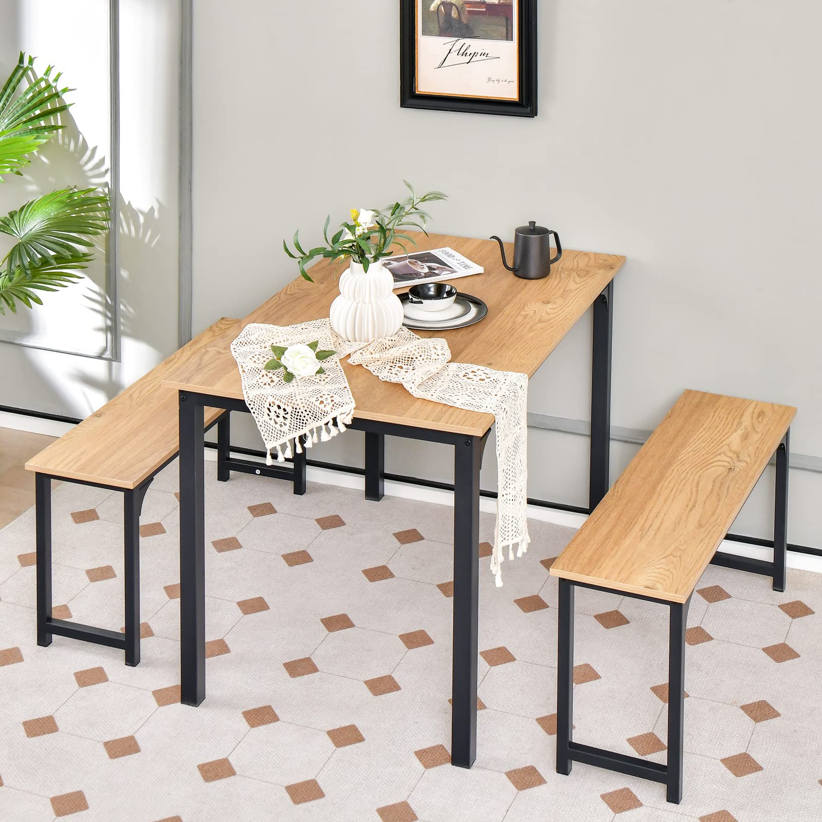 Modern Industrial Dining Table Set for 4 with 2 Benches - 3-Piece Kitchen Table with Metal Frame & Wood Tabletop - Industrial Brown & Black - Perfect for Small Spaces, Apartments, and Modern Farmhouse Dining Rooms