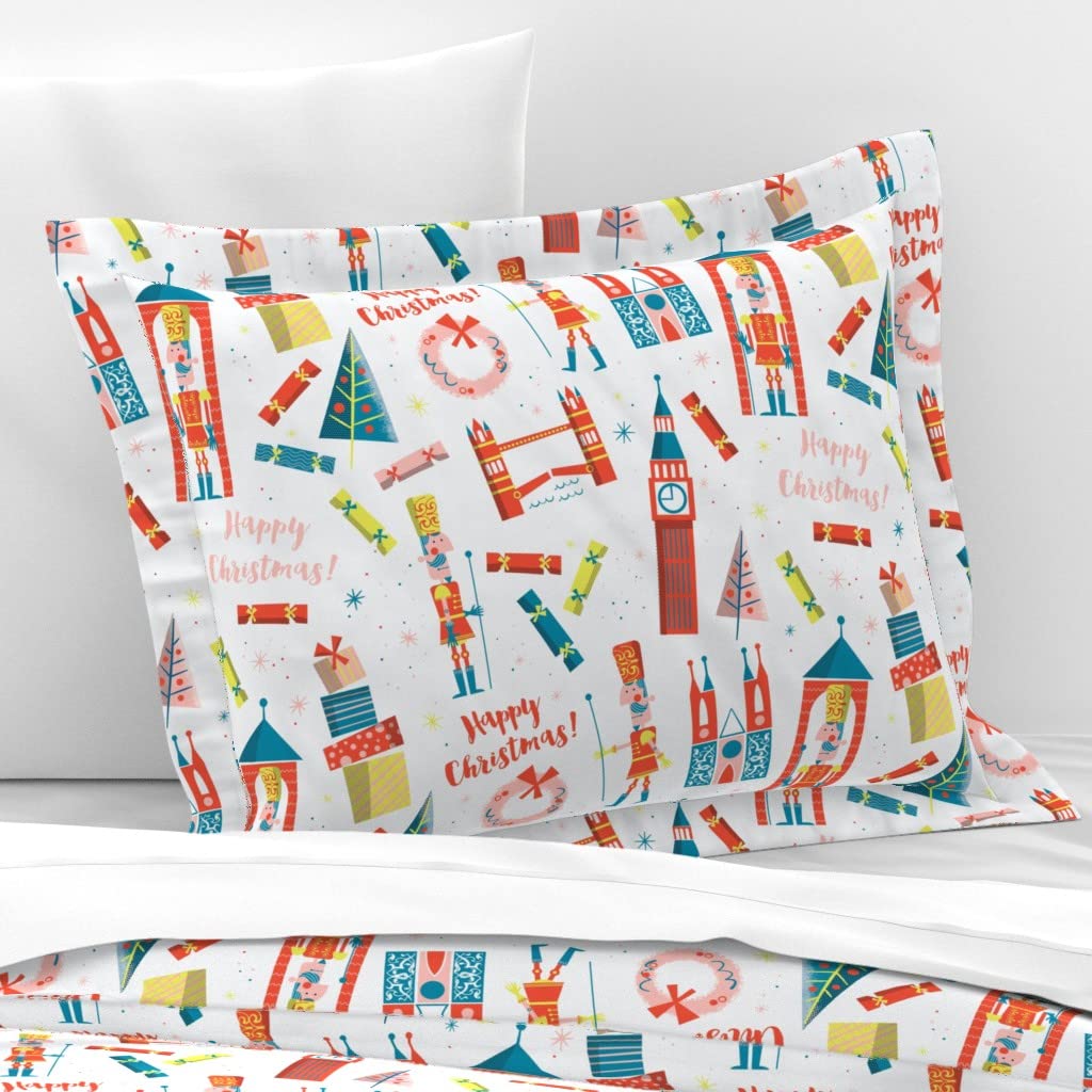 Custom Happy English Christmas Holiday Festive Decor Cotton Sateen Flanged Edge Sham - British London Xmas Print Bedding for Holiday Home Decor & Seasonal Bedroom Styling