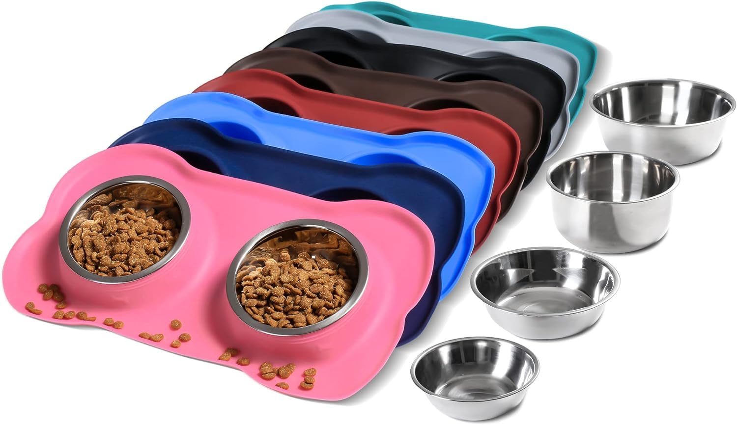 2 in 1 Stainless Steel Pet Bowl with Silicone Mat - Dual Food & Water Dish for Dogs & Cats - Removable Bowls, Non-Slip Base, Easy Clean (Multicolor) - Perfect for Home, Travel & Outdoor Use