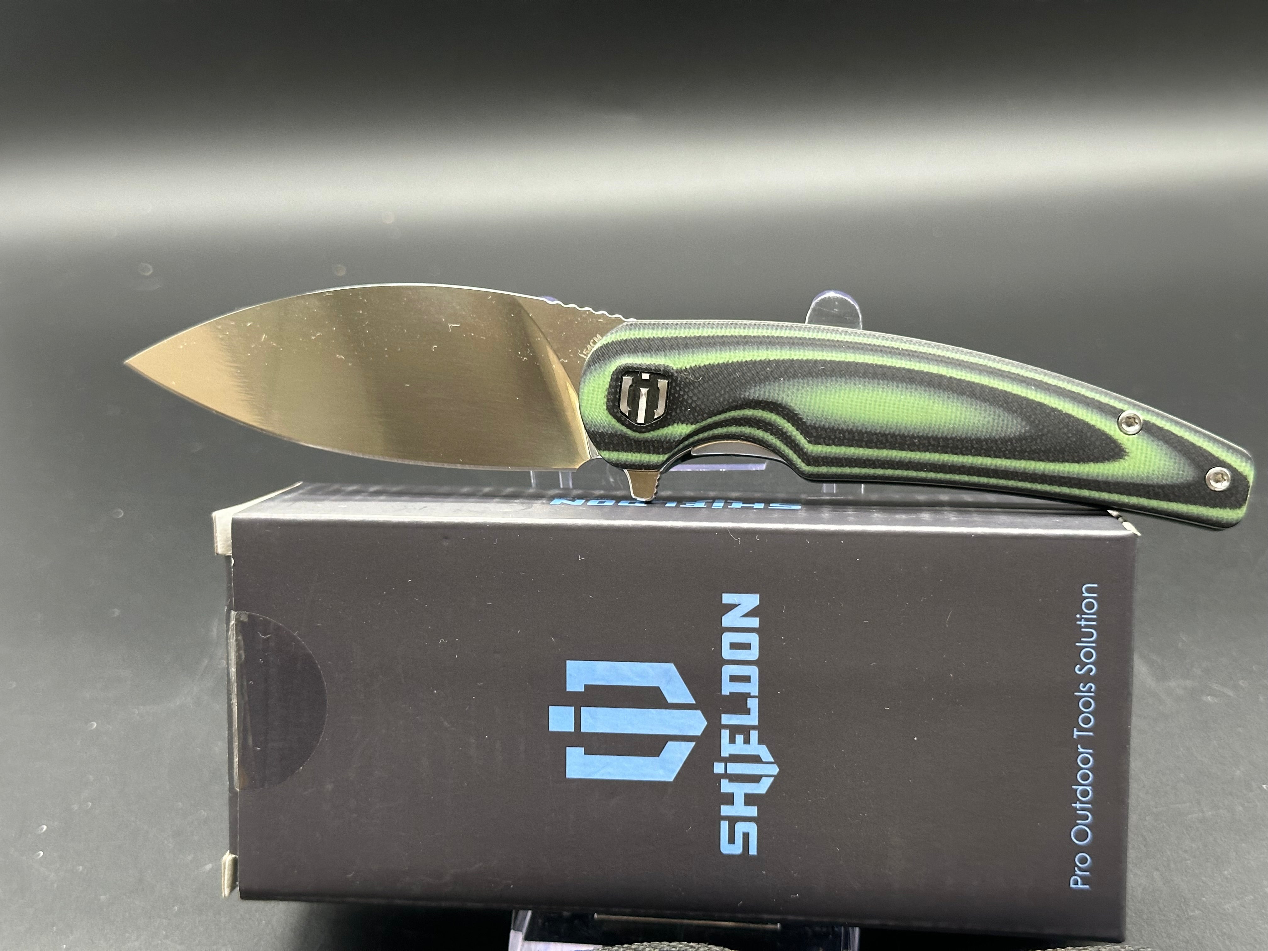 SHIELDON Folding Knife - 154CM Steel Blade, Green G10 Handle, Plain Edge, Mirror Polish Finish - Perfect for Camping, Hiking & Outdoor Adventures