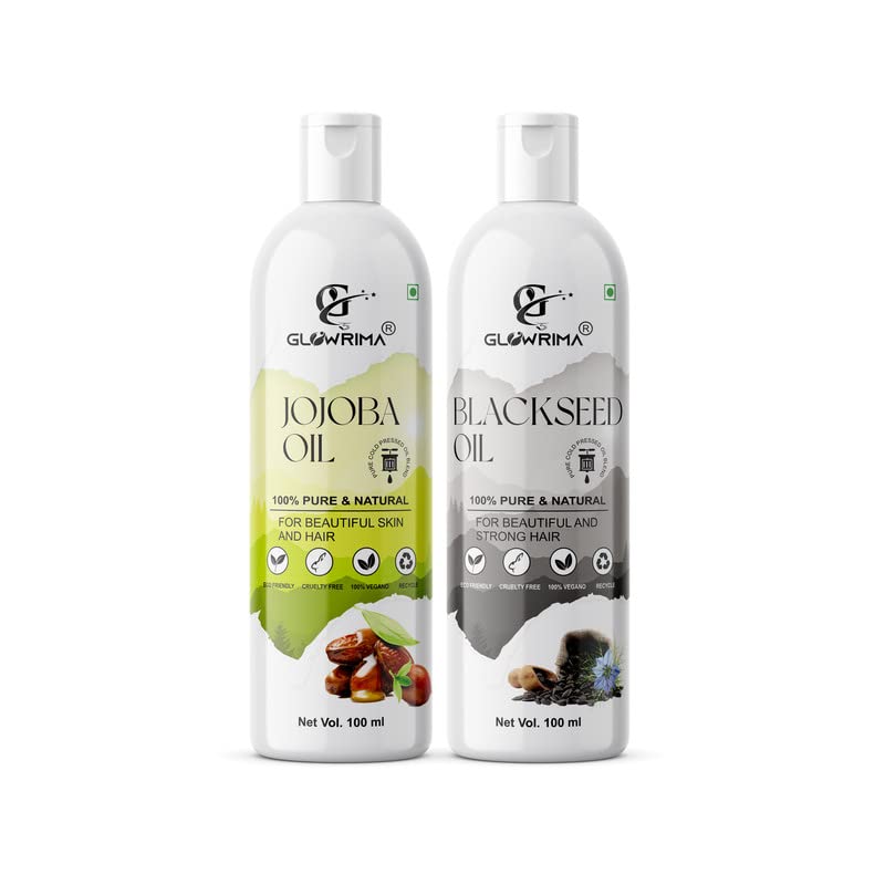 Glowrima 100% Pure Jojoba Oil & Black Seed Oil Combo (100ML Each) - Promotes Hair Growth, Reduces Hair Fall, Repairs Split Ends for Soft & Shiny Hair - Natural Hair Care Treatment for Men & Women - Perfect for Daily Hair Routine & Scalp Massage