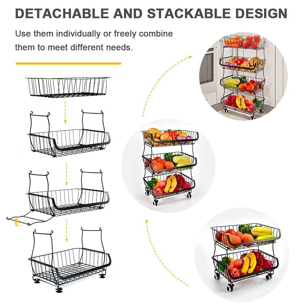 4-Tier Stackable Metal Wire Storage Basket with Wheels - Organizer for Fruits, Vegetables, Kitchen, Pantry & Bathroom - Perfect for Grocery Storage, Home Organization & Small Space Saving