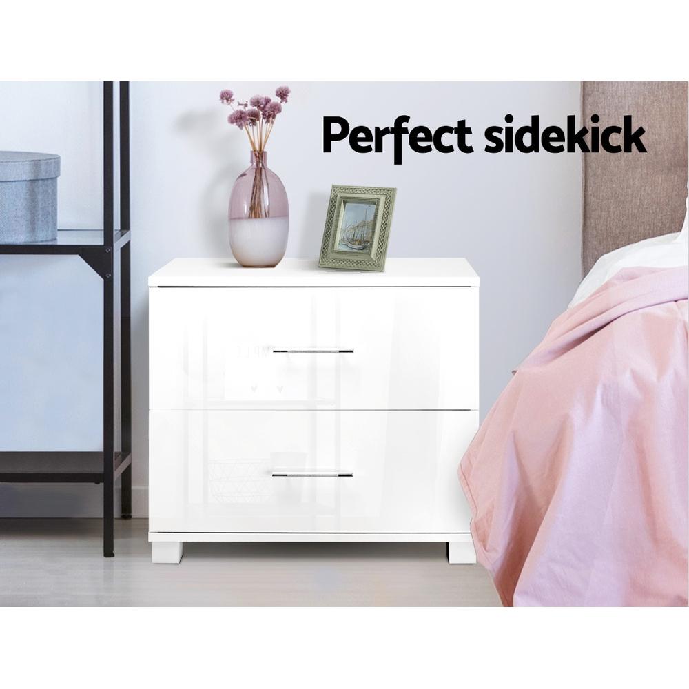 Modern White High Gloss Bedside Table with 2 Drawers - Nightstand for Bedroom, Living Room, or Office - Compact Storage Furniture with Smooth Finish
