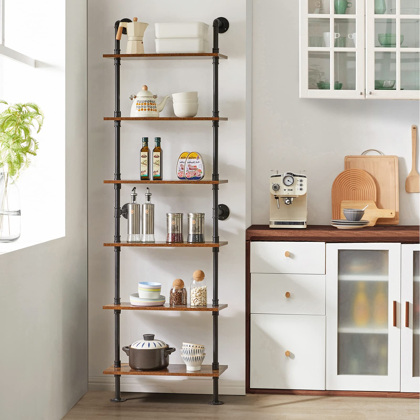 Industrial Pipe Ladder Shelf - 6-Tier Wall Mounted Bookcase with Sturdy Metal Frame, 78.7