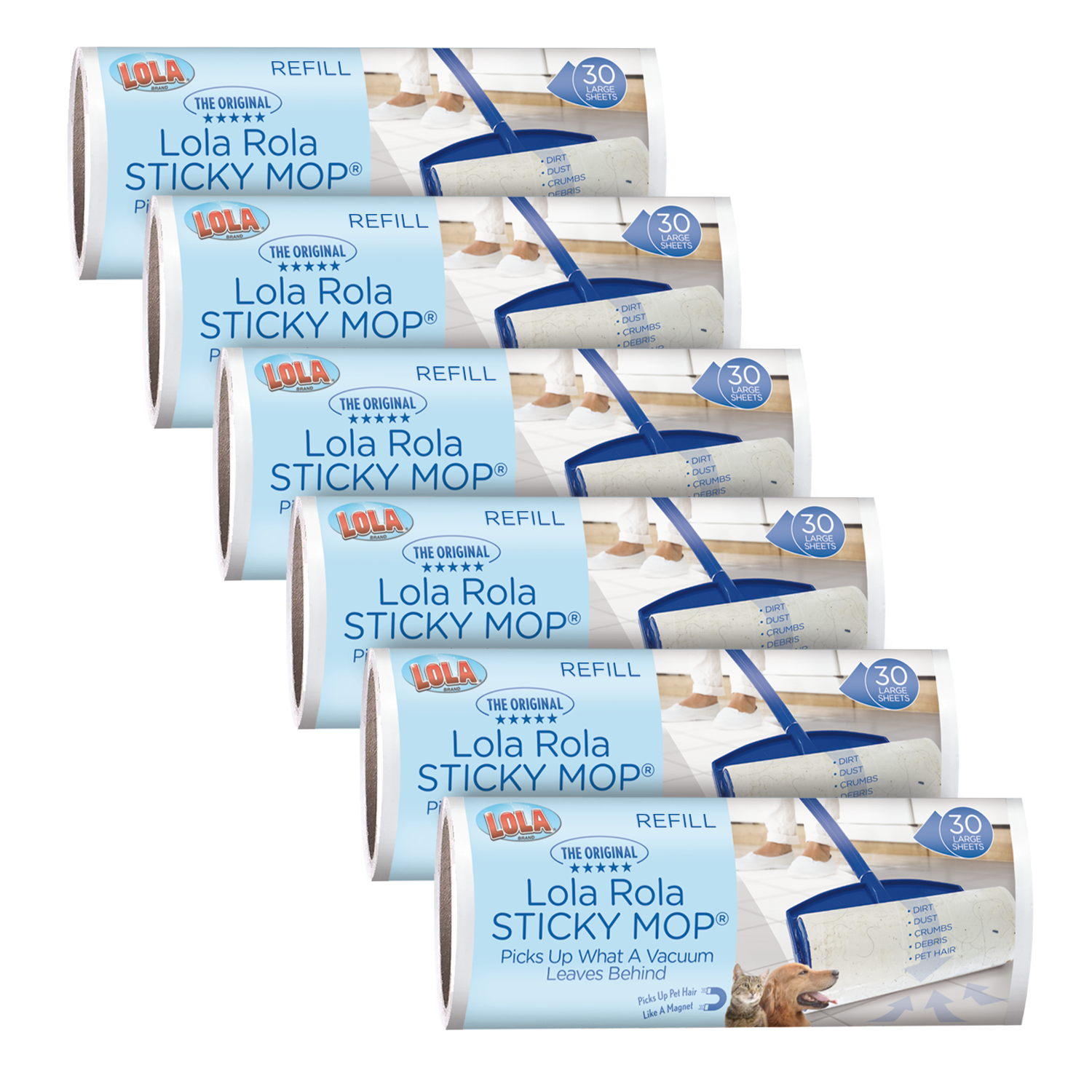 Lola Rola Sticky Mop Refill Pads - 6 Pack (Model #903) for Hardwood Floors & Pet Hair Removal - Perfect for Home Cleaning & Quick Spills