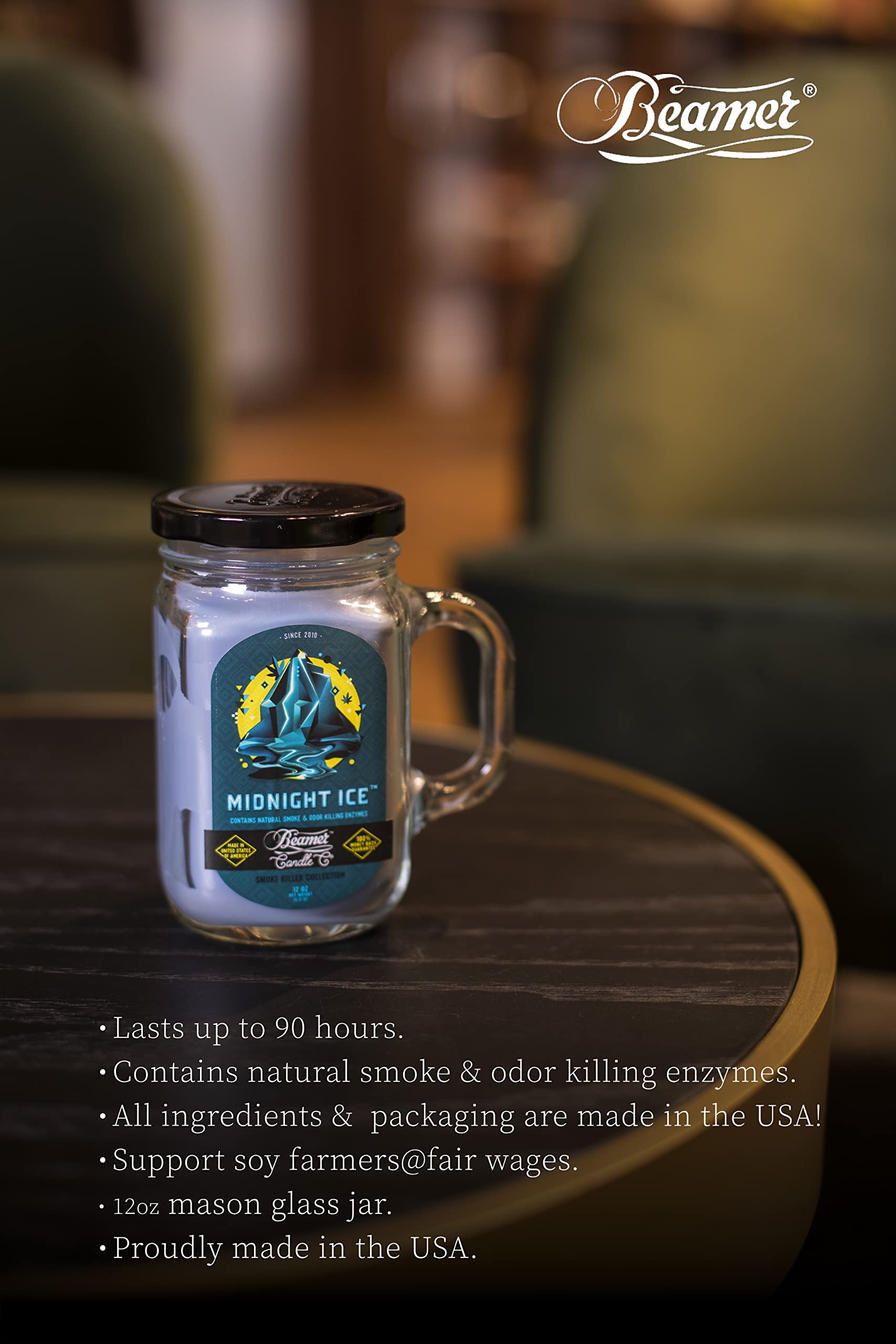 Beamer Candle Co. Midnight Ice Scented Candle - Cool Frosted Fragrance, Odor Eliminating, 12oz Mason Jar, 90-Hour Burn Time, 100% Made in USA - Perfect for Home, Office, Spa & Gift Giving