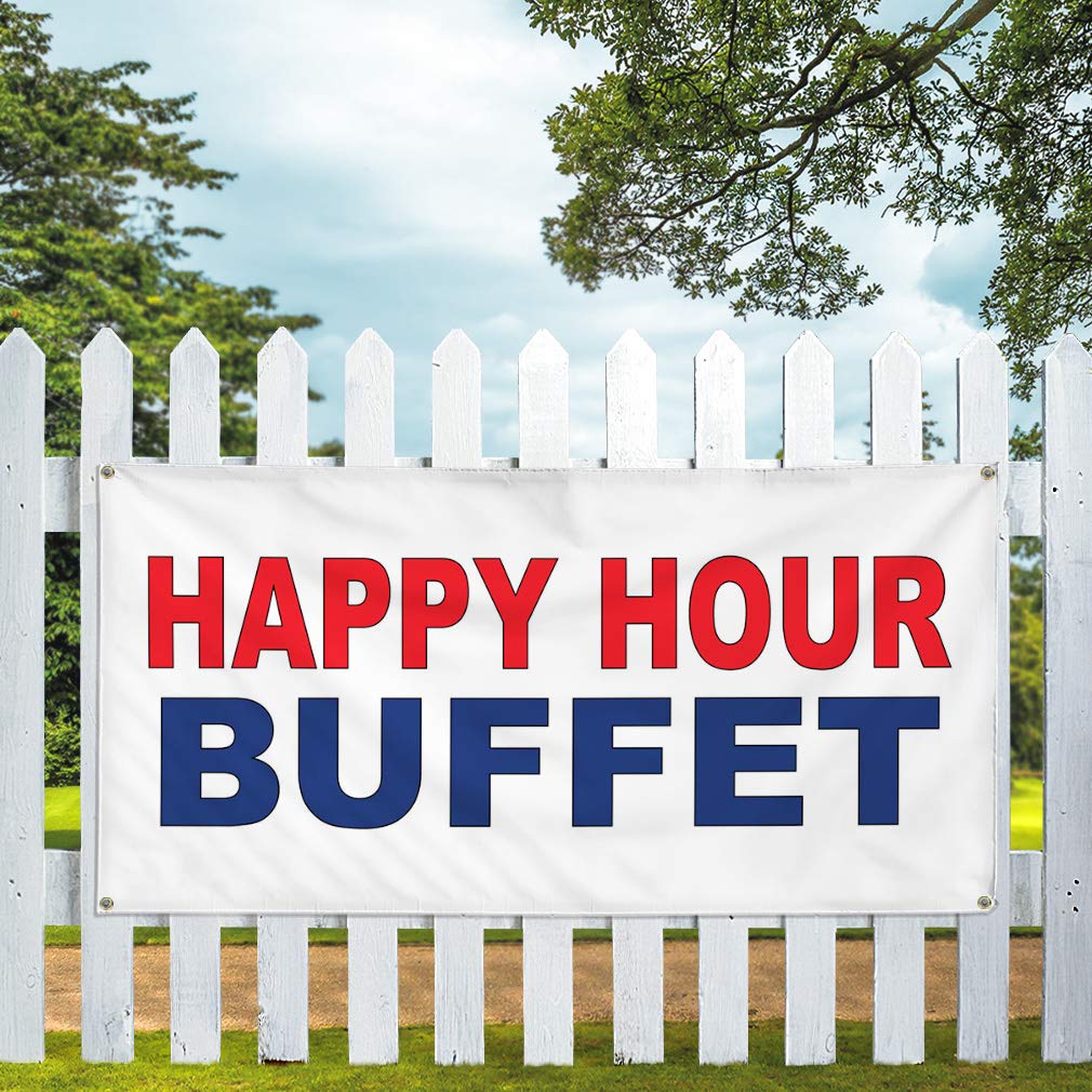 Happy Hour Buffet Vinyl Banner - 48x96 Inches, Weatherproof, 8 Grommets - Red & Blue Outdoor Business Sign for Restaurants, Bars & Events