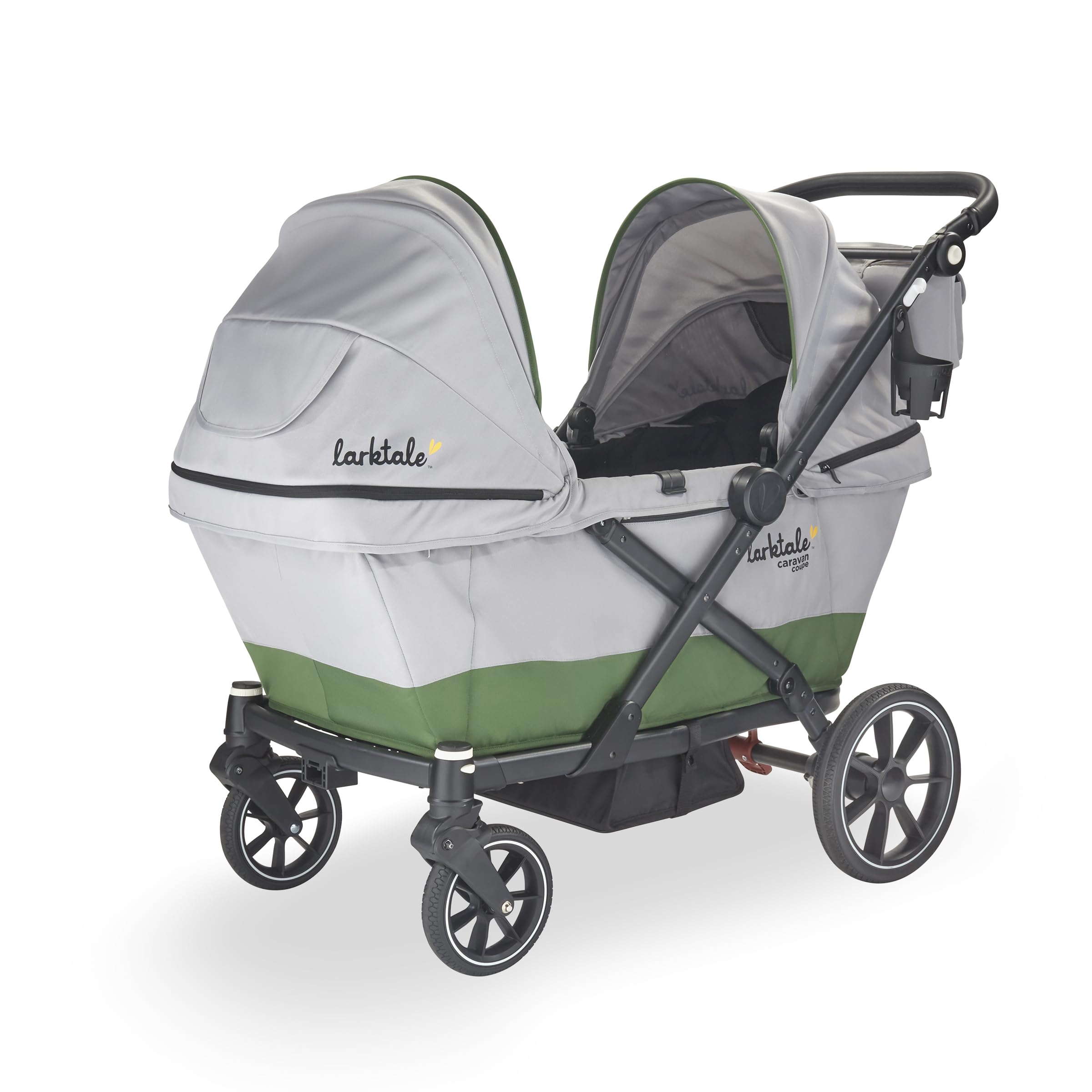 Larktale Caravan Coupe Compact 2-Seater Stroller Wagon - Lightweight Foldable Baby Wagon with Adjustable Canopies (Gray/Green) - Perfect for Travel, Park Outings & Beach Trips