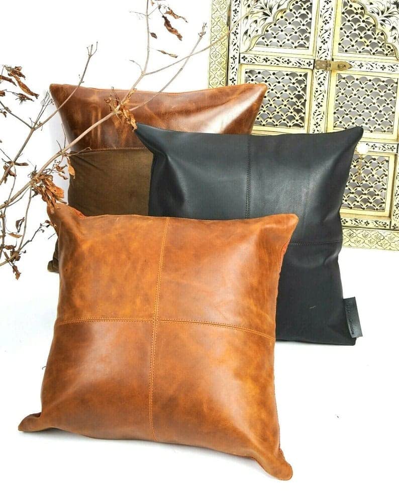 Premium 100% Lambskin Leather Pillow Covers - Soft Sofa Cushion Cases & Decorative Throw Covers for Living Room, Bedroom (14x14 Inches, Pack of 2, Tan Antique) - Luxury Home Decor & Cozy Living Space Accent