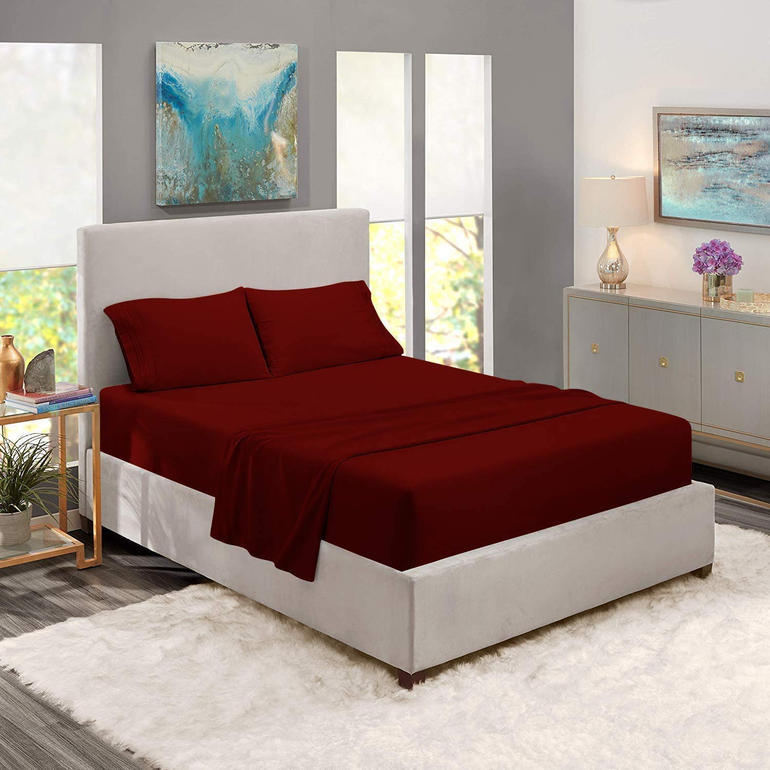LuckySleep 100% Egyptian Cotton 700 Thread Count Twin XL Fitted Sheet - Deep Pocket for 12 Inch Mattress, Solid Burgundy - Ultra Soft Bedding for Guest Rooms, Dorms & Luxury Hotels