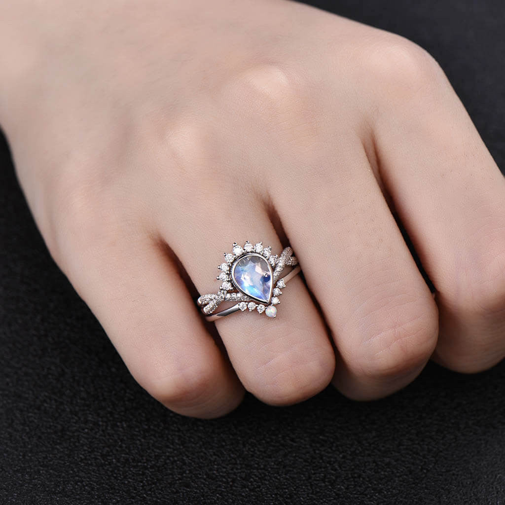 Vintage Moonstone Engagement Ring Set - Pear Shaped Stone with Twisted Band for Wedding, Proposal & Anniversary Gifts | Handmade Silver Jewelry for Brides & Couples