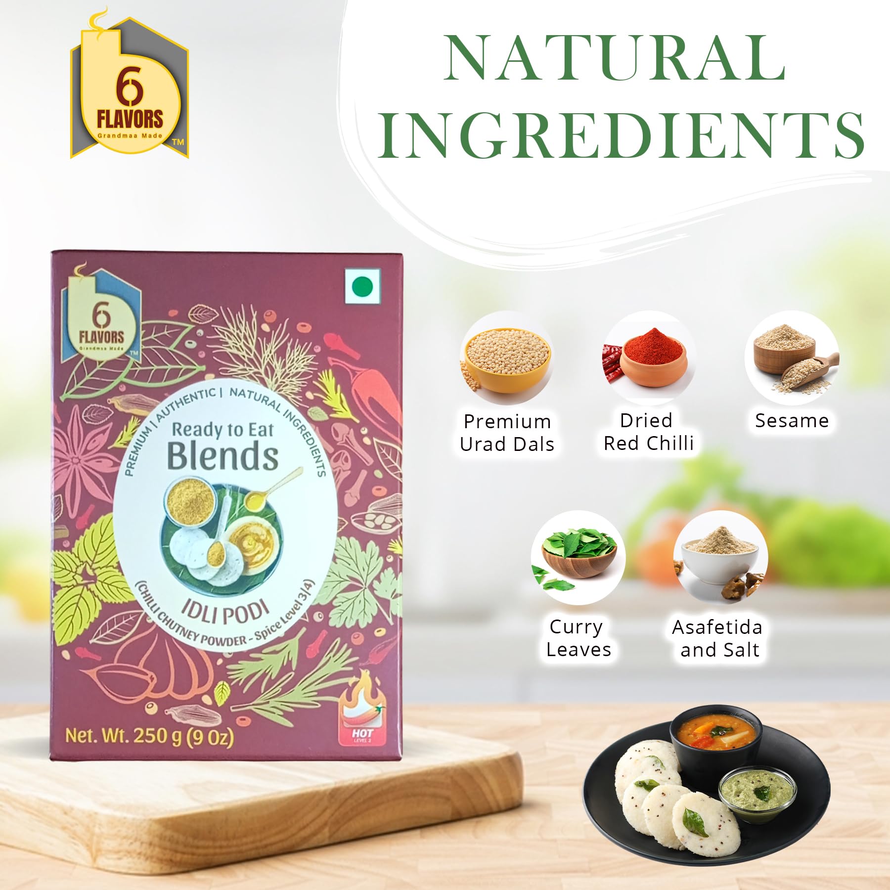 6 Flavors Idli Podi Chutney Powder - 250g Spicy Chili (Level 2/4) | Antioxidant-Rich, Vegan & Gluten-Free South Indian Seasoning | No Onions, Garlic or Preservatives | Perfect for Idli, Dosa, Rice & Snacks | Authentic Indian Spice Blend for Home Cooking