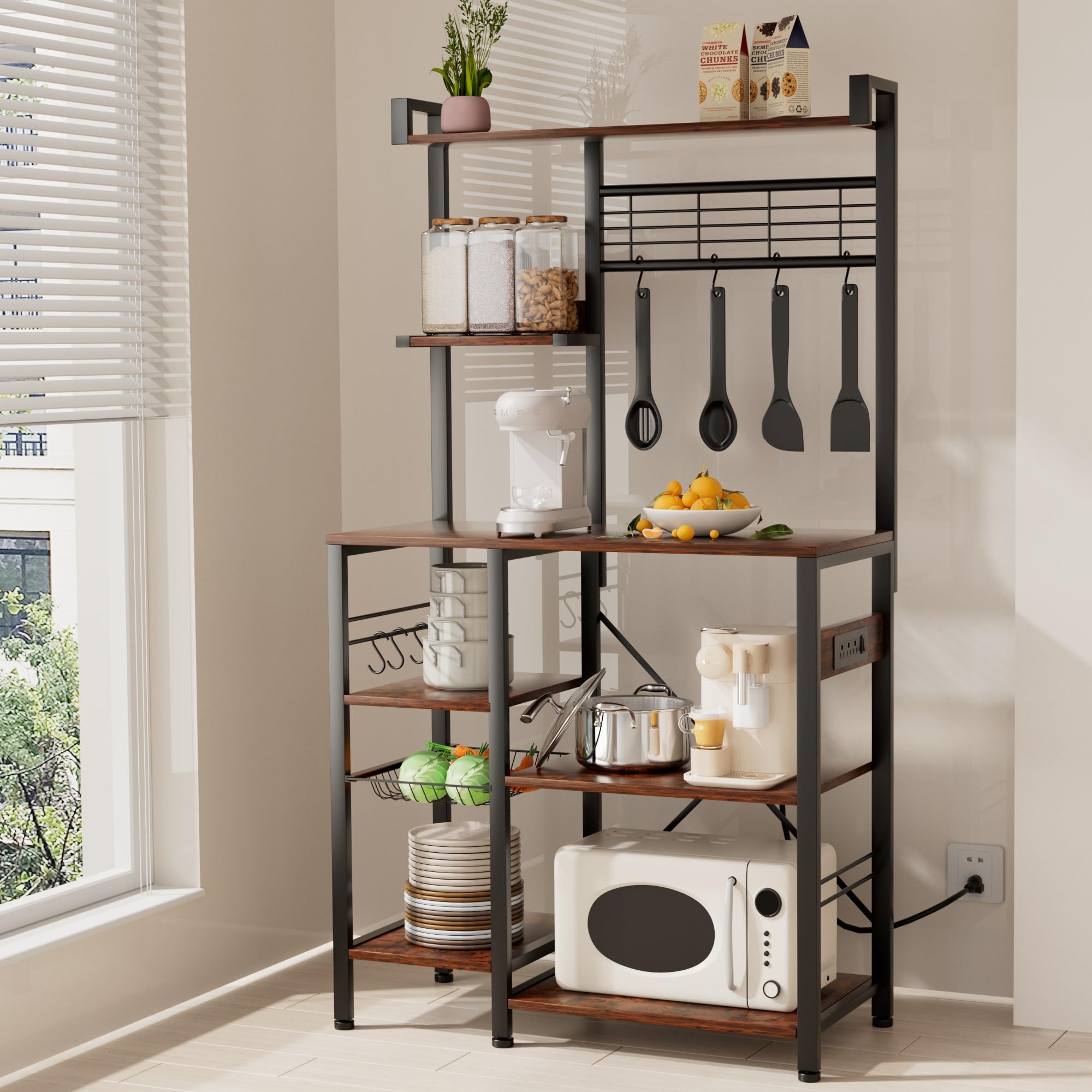 5-Tier Bakers Rack with Power Outlets - Microwave Stand with 10 S-Hooks, Coffee Bar & Kitchen Organizer with Wire Basket, 62.4