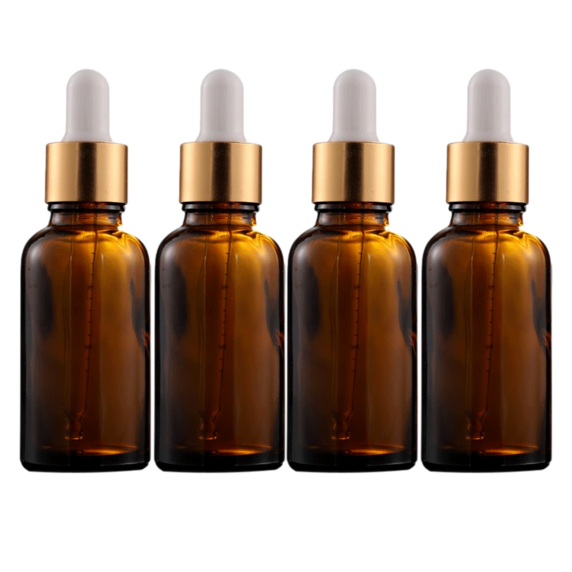 EARTH BERRY 30ml/g Amber Glass Dropper Bottles with Golden Plating & White Silicone Cap - 4 Pack | Premium Empty Glass Containers for Essential Oils, CBD, Tinctures & DIY Beauty Products | Perfect for Home, Lab & Travel Use