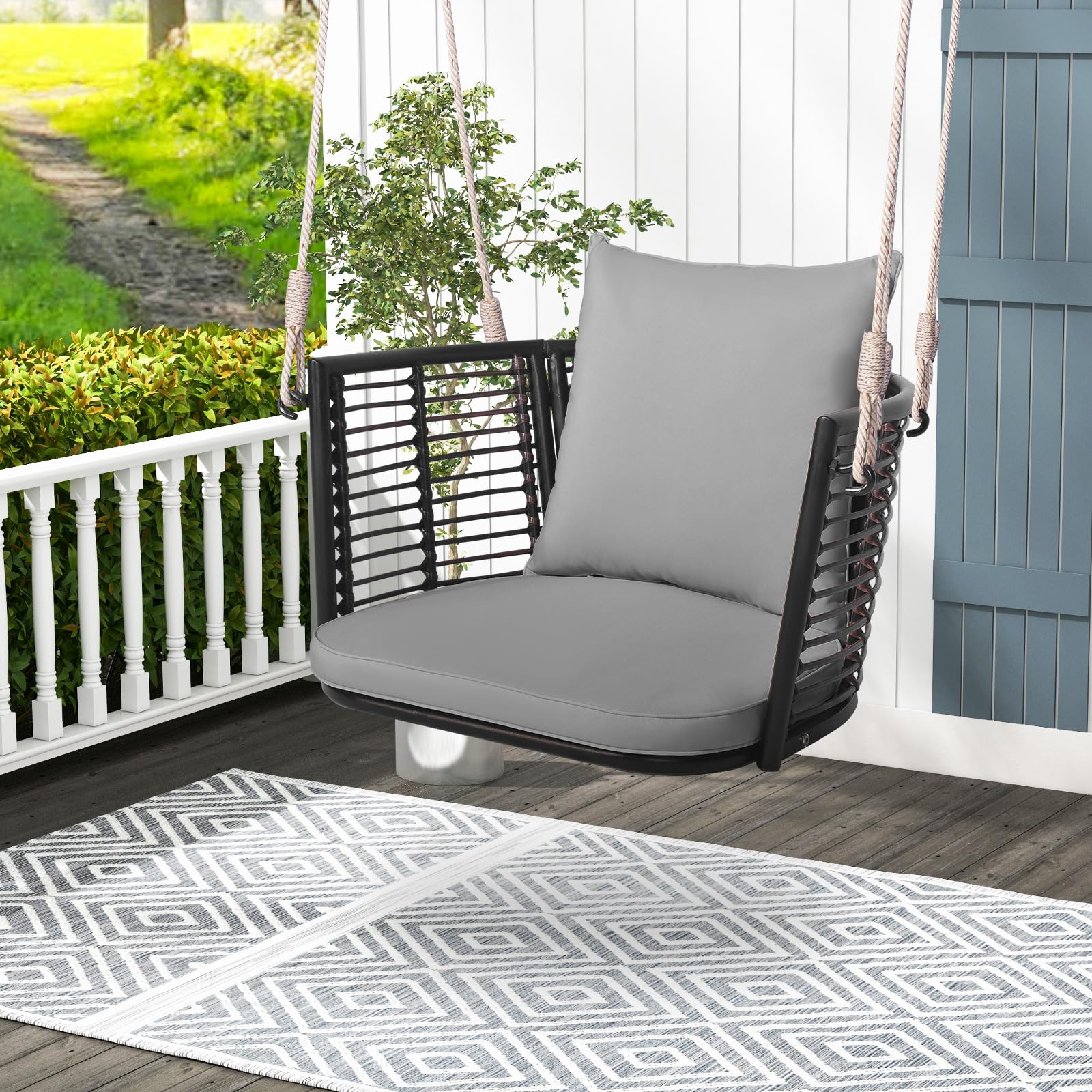 Tangkula Outdoor Metal Porch Swing Chair - Single Person Hanging Seat with Woven Rattan Backrest, 2 Heavy-Duty Hanging Ropes & Included Cushions - Sturdy Patio Swing for Front Porch, Backyard, Garden - Perfect for Relaxing, Reading & Enjoying Nature (Grey)