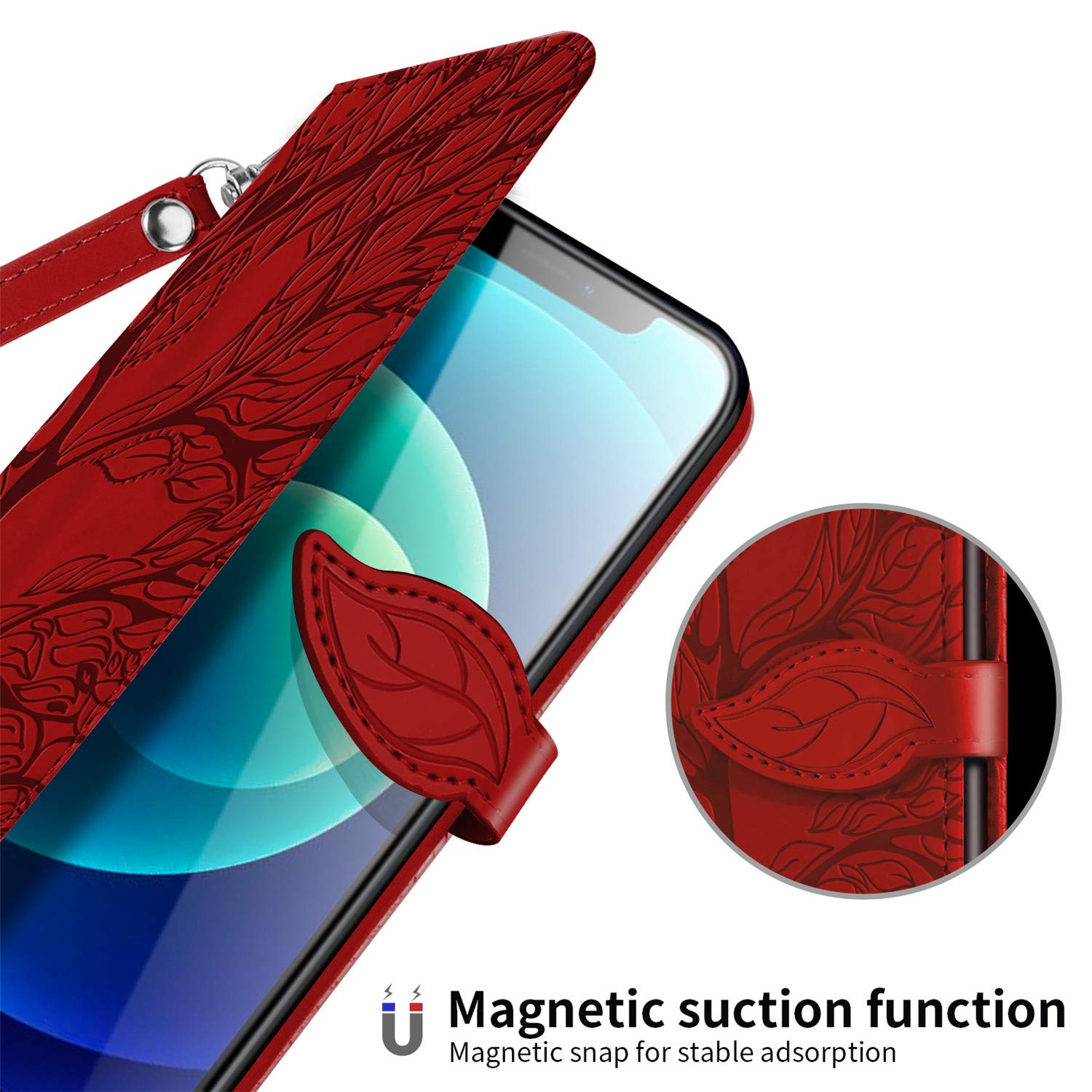 IVY Life Tree Wallet Case for iPhone 12/12 Pro - Slim Protective Phone Cover with Card Holder - Perfect for Travel, Shopping & Everyday Use (Red)