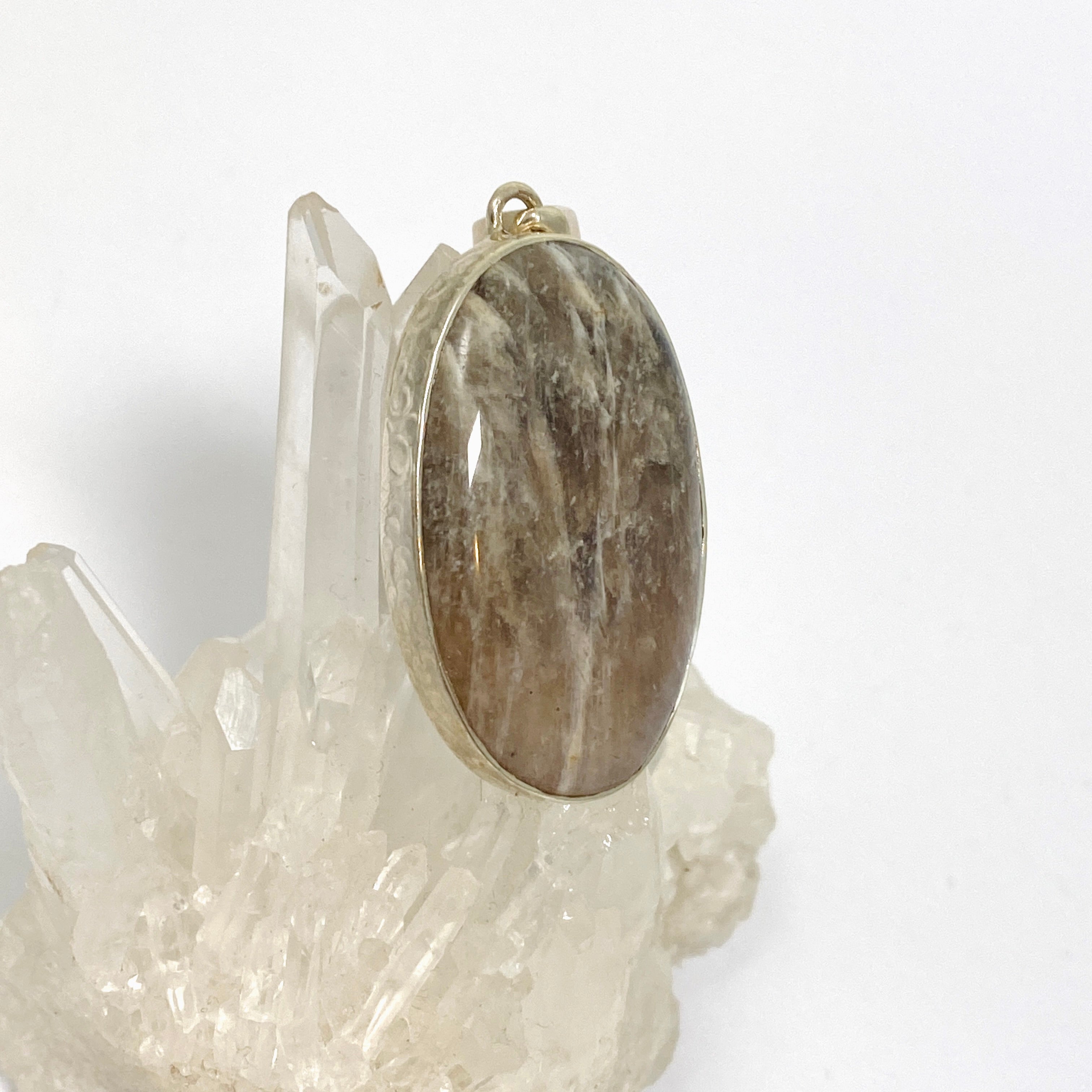 Belomorite (Sunstone with Moonstone Eclipse) Oval Cabochon Pendant in Hammered Silver Setting KPGJ4698 | Unique Healing Crystal Jewelry for Meditation, Energy Work & Spiritual Gifts