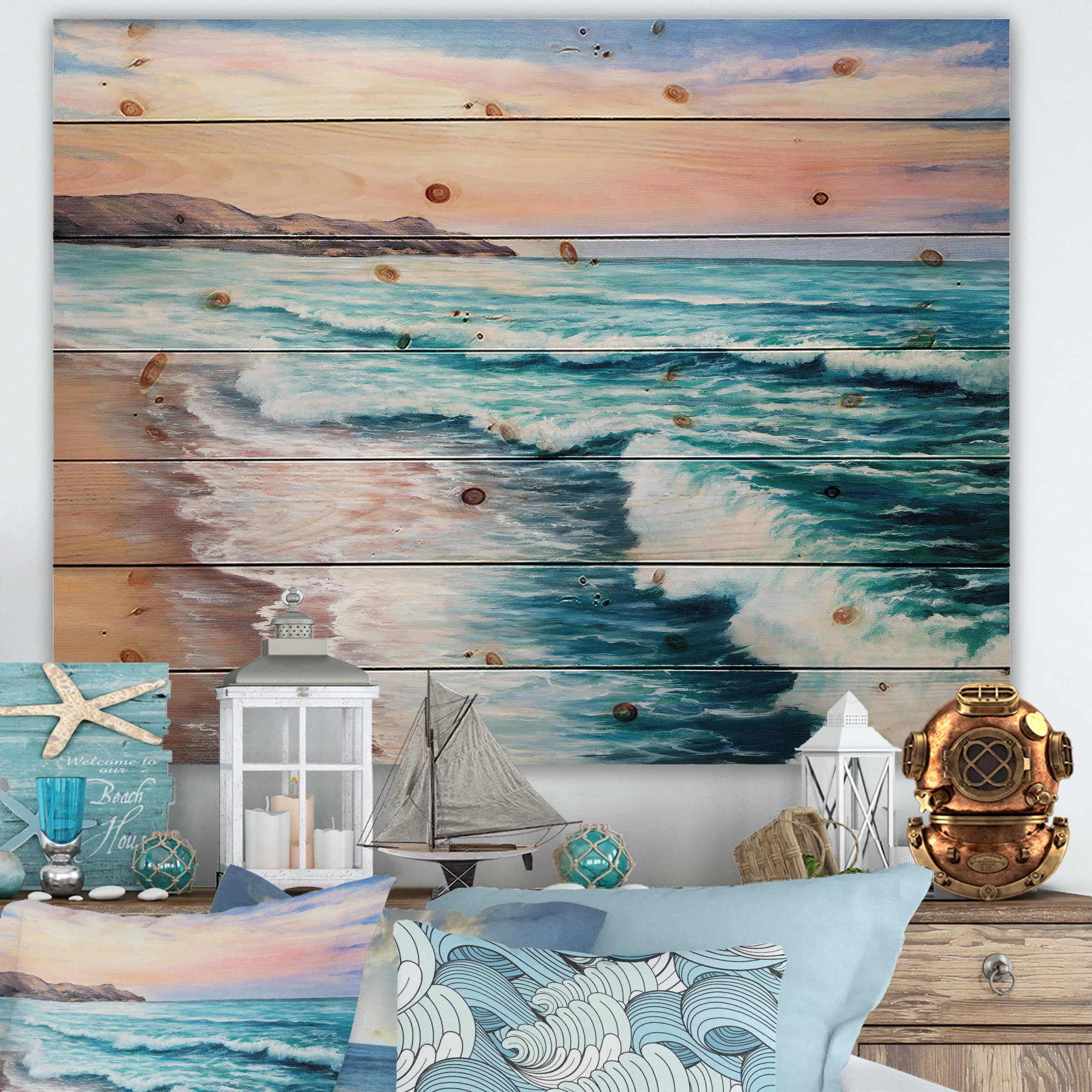 Pastel Purple Marine Sunset Ocean Beach Wood Wall Art - Nautical & Coastal Decor, Large Pine Wood Wall Panels for Living Room, Bedroom, or Beach House