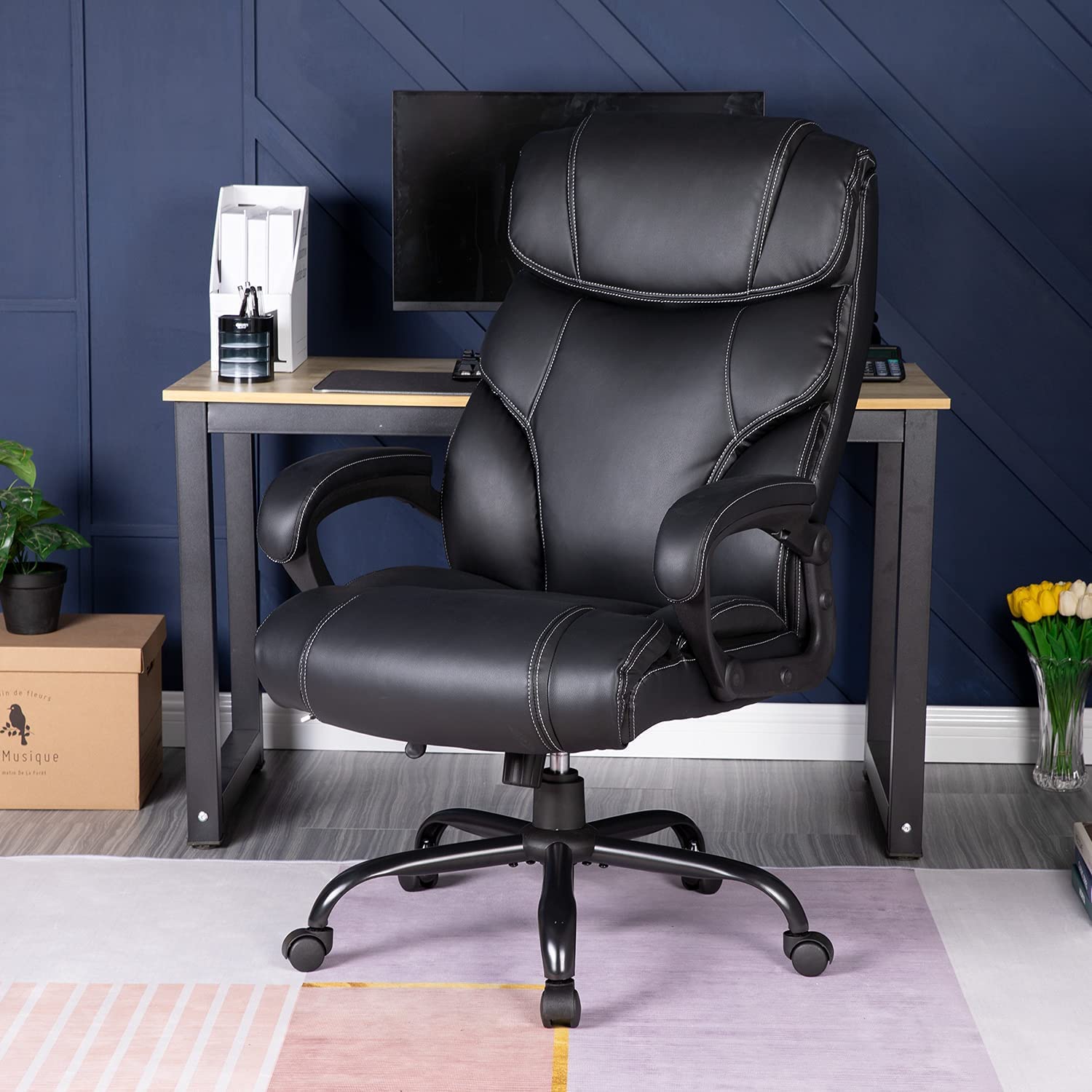 Ergonomic High Back Office Chair with Lumbar Support - 400lbs Weight Capacity Big & Tall Computer Desk Chair, Wide PU Leather Seat for Heavy People & Adults - Perfect for Home Office, Gaming & Workspaces (Black)