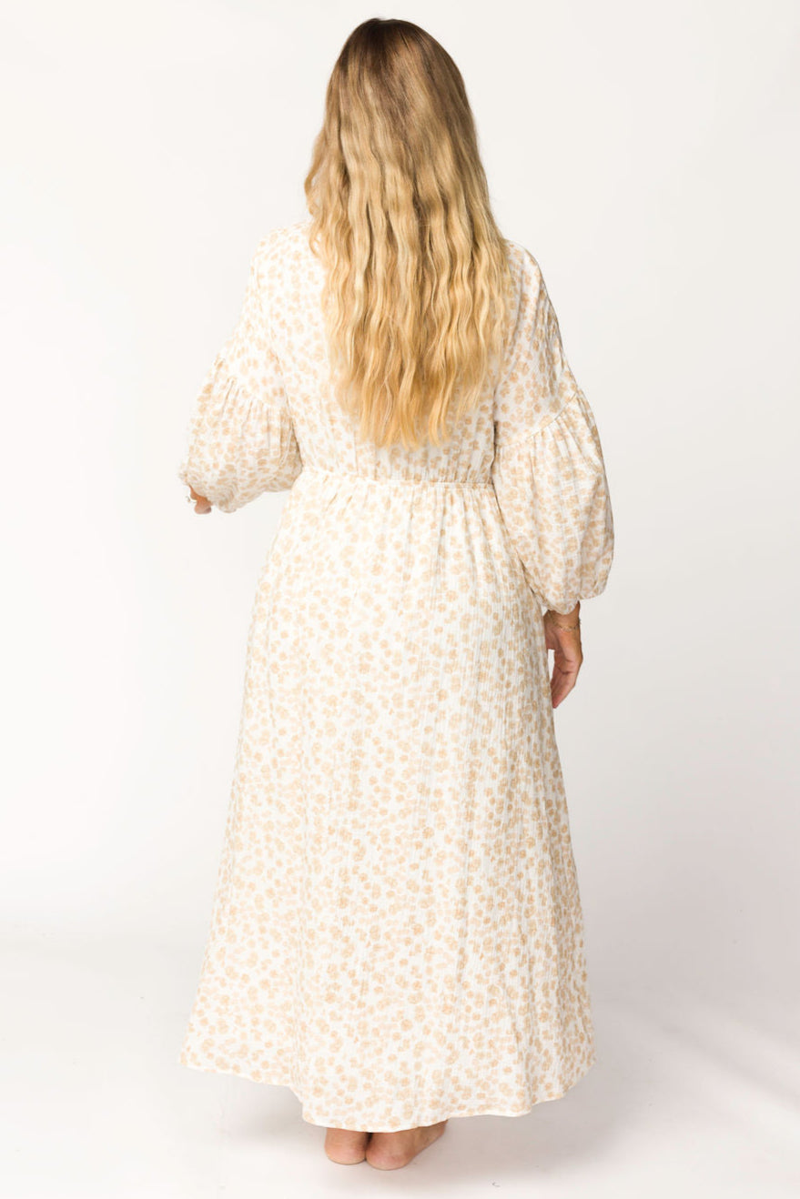 Hunter 100% Cotton Gauze Midi Dress - Natural/Fawn Floral Print | Bump Friendly Maternity Dress | Perfect for Summer, Beach & Pregnancy Photoshoots