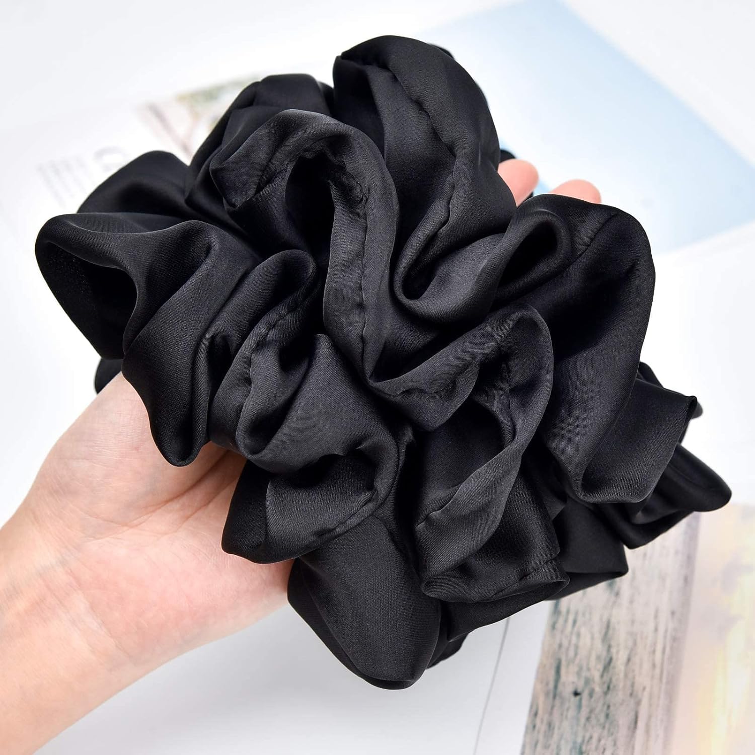 BAKEFY 6-Pack Black Satin Silk Hair Scrunchies - Soft No Damage Hair Ties for Women & Girls, Elastic Ponytail Holders for Sleep, Workout, and Everyday Use