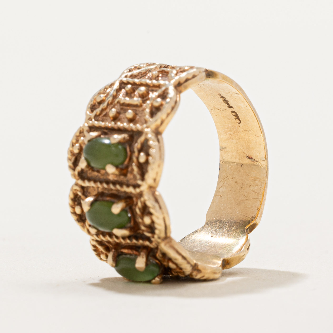 Three Stone Nephrite Jade Textured Ring | 0.60ctw | Size 6.25 | Handmade Natural Jade Jewelry for Women | Perfect for Weddings, Anniversaries & Special Occasions