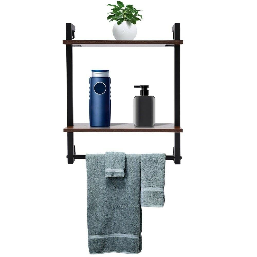 Industrial Wall Shelf with Towel Bar - Rustic 2-Tier Bathroom Shelves for Bedroom, Kitchen & Living Room (Black)