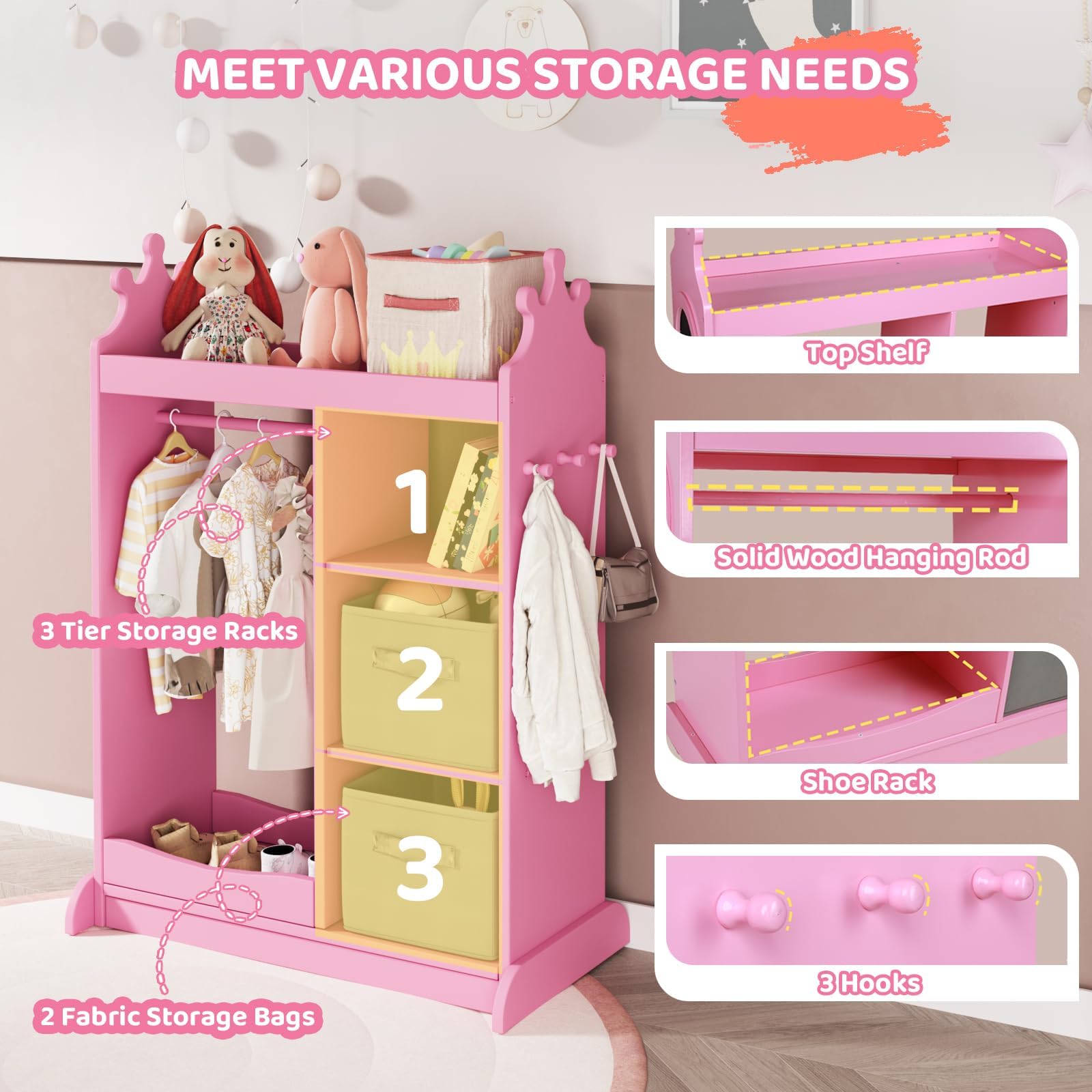 KIDINIX Kids Wardrobe with Mirror - 3-Tier Storage Shelf, 2 Fabric Bins & Shoe Rack | Pink Open Dress Up Armoire for Coats, Dance Costumes, Hats & Shoes | Perfect for Bedroom Organization & Pretend Play