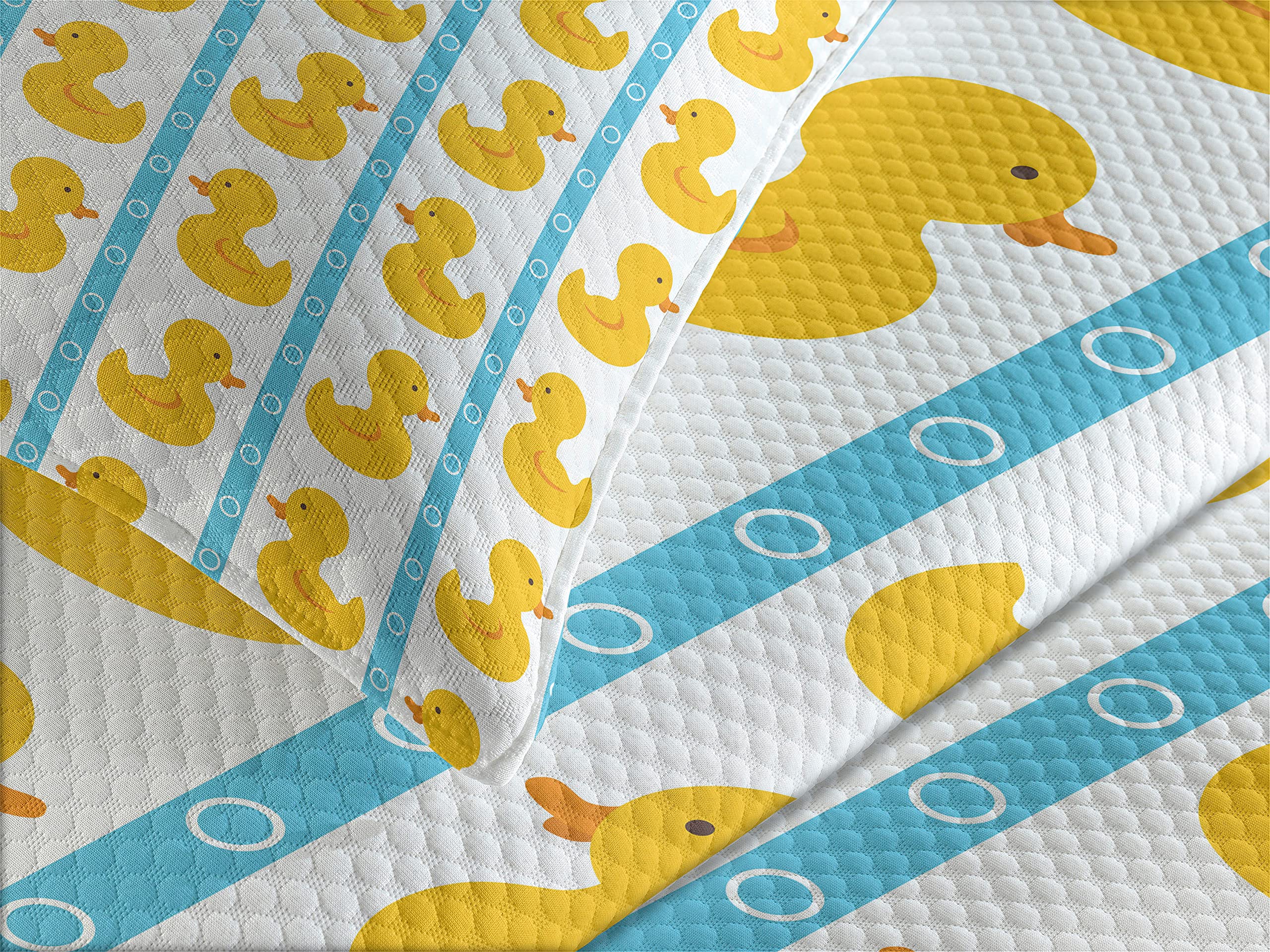 Ambesonne Rubber Duck Bedspread Set - Duckies on Stripes & Small Circles Playful Print, 3-Piece Decorative Bedding Coverlet with 2 Pillow Shams, King Size White | Kids Room Decor, Nursery, Bathroom Themed Bedding for Whimsical Home Styling