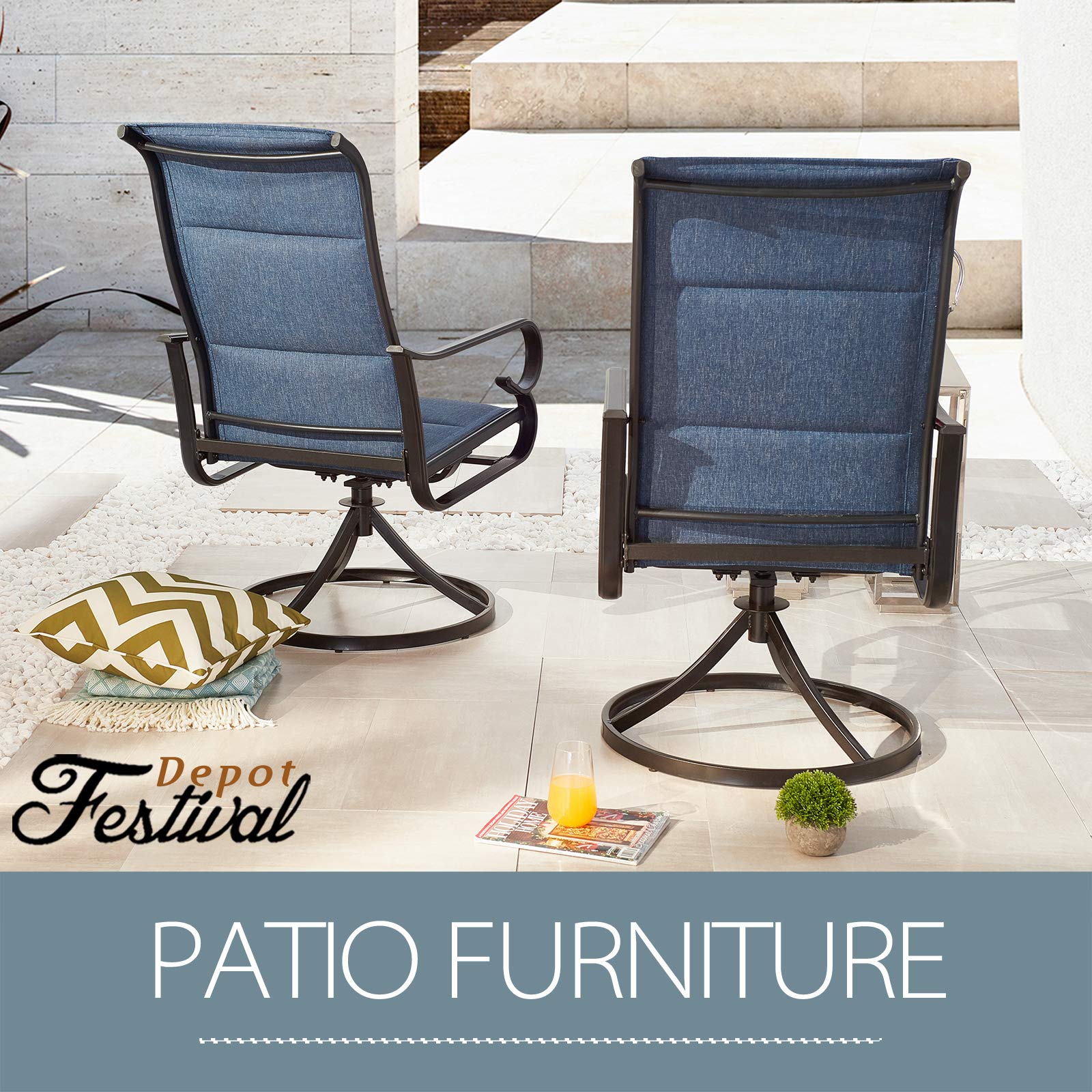 Festival Depot 2-Piece Patio Swivel Armchairs Set - Outdoor Dining Chairs for Bistro, Deck & Garden - Blue - Perfect for Backyard BBQs, Poolside Relaxation & Outdoor Entertaining