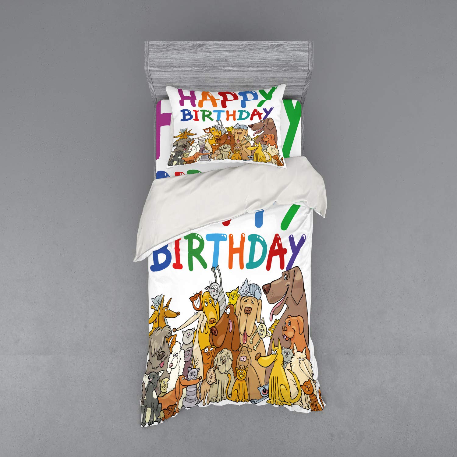 Ambesonne Cartoon Streets Dogs Cats Animals Birthday Party Bedding Set - 3 Piece Duvet Cover with Sham & Fitted Sheet, Twin Size, Multicolor Fun Print - Perfect for Kids' Rooms, Themed Parties & Gift Giving