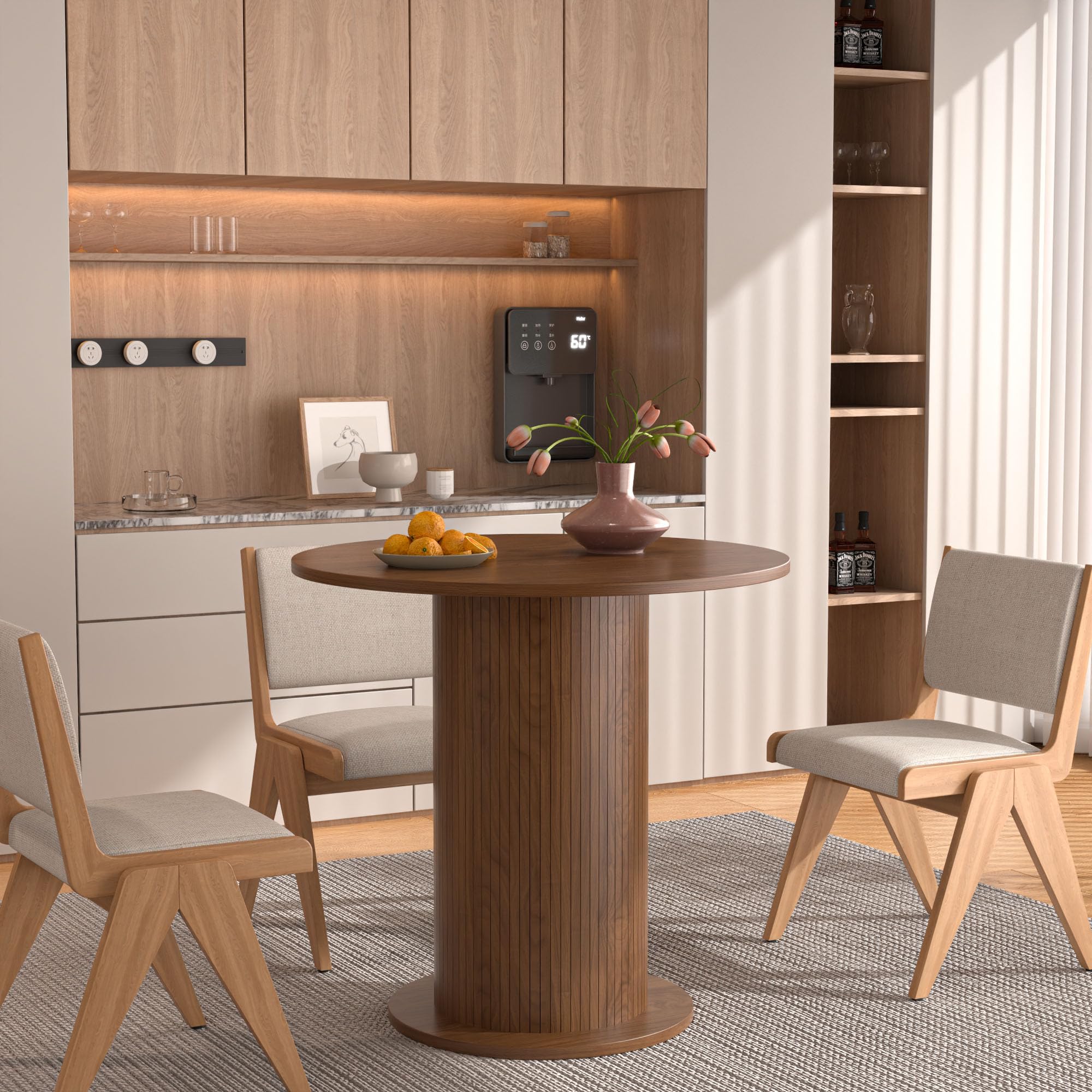31.5 Inch Round Dining Table for 2 - Modern Farmhouse Kitchen Table with Wood Strip Base - Small Circle Dining Table for Kitchen, Living Room, Breakfast Nook (Walnut Finish) - Perfect for Small Spaces, Apartments & Cozy Dining Areas
