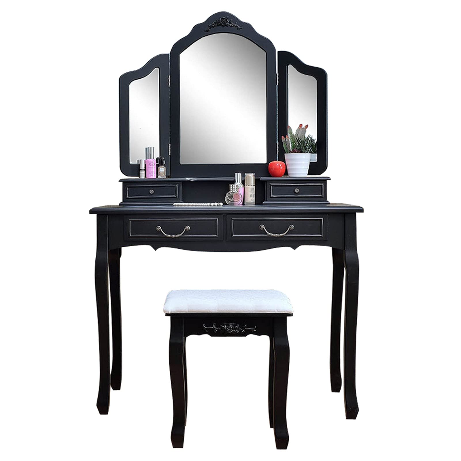 WiCCI Tri-Fold Mirror Dresser with Stool - Modern Vanity Makeup Table for Bedroom & Bathroom - Black - Perfect for Makeup Application, Jewelry Storage & Dressing Area