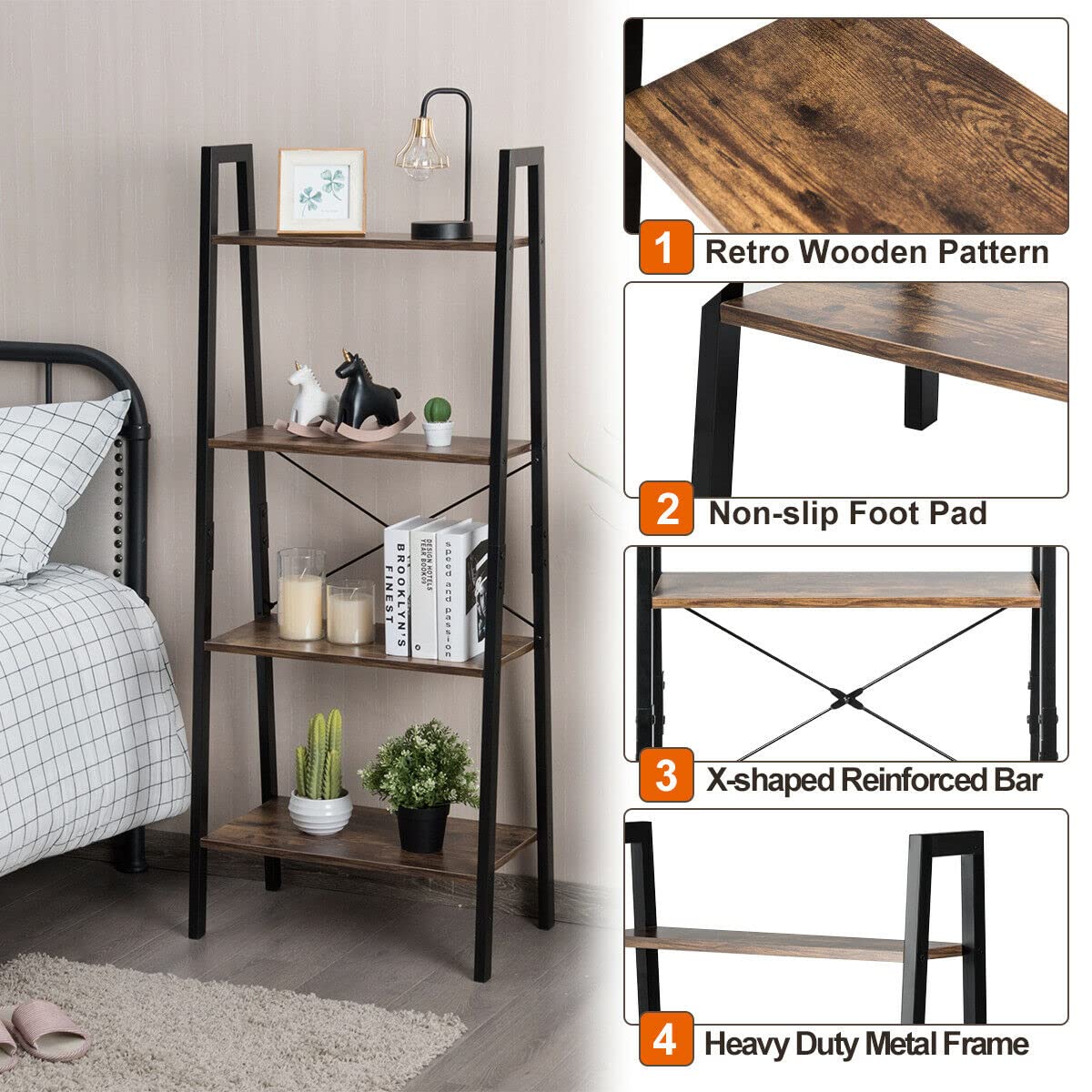 4-Tier Industrial Ladder Shelf - Modern Bookshelf Storage for Living Room, Office & Bathroom - Multifunctional Plant Stand & Bookcase - Space-Saving Home Decor Solution