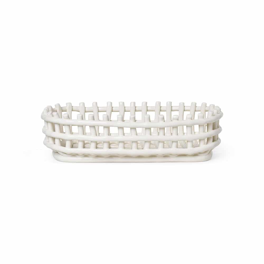FERM LIVING Ceramic Basket Oval - Handmade Off White Decorative Storage Bowl for Home & Office | Perfect for Keys, Jewelry, and Small Items